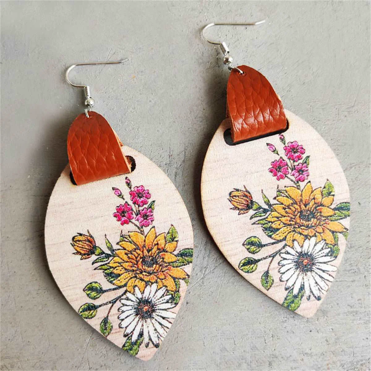 Comfortable Red White Floral Wood Drop Earrings Enhanced