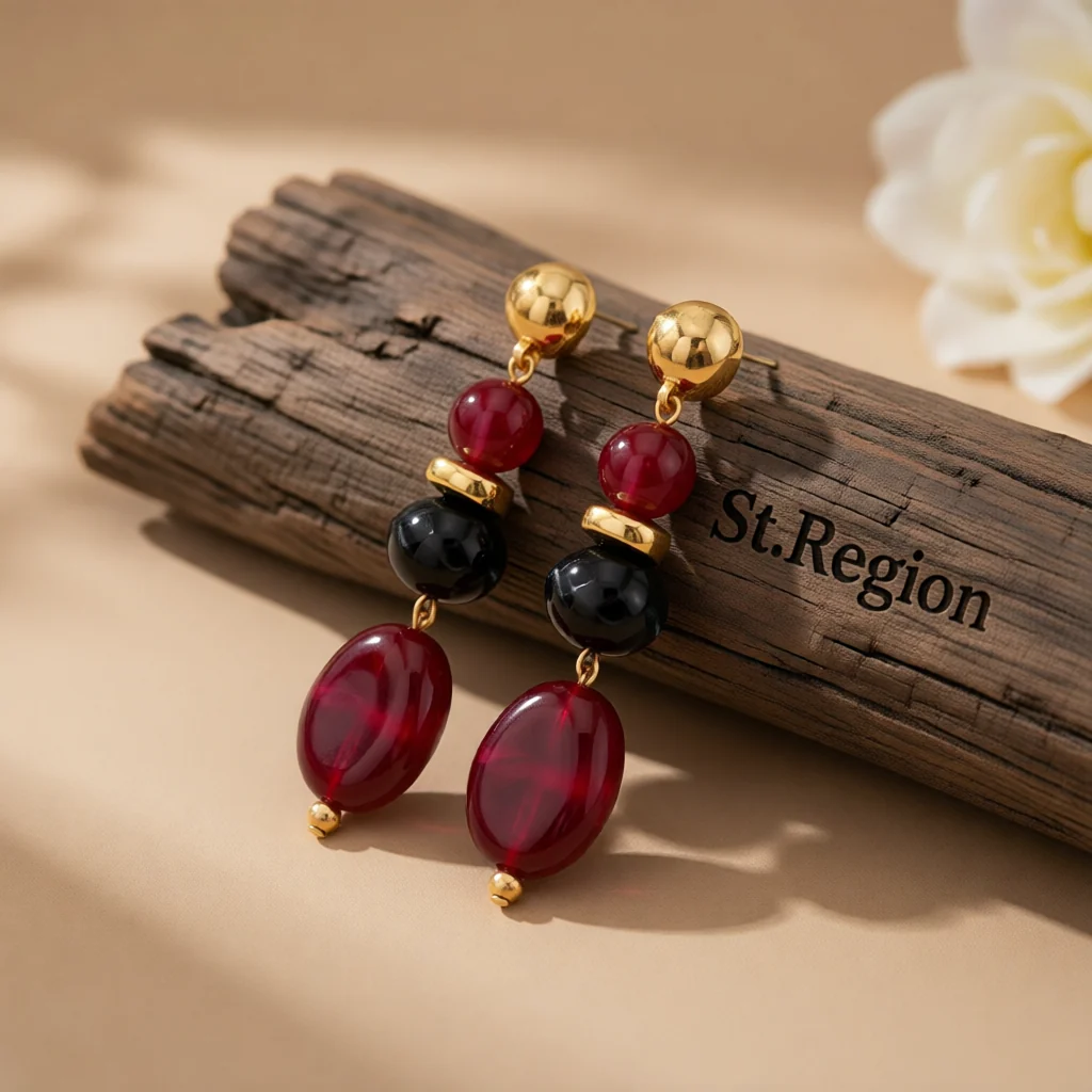 High-Quality Wine Red Resin Goldtone Tiered Irregular Beads Dangle Earrings Professional