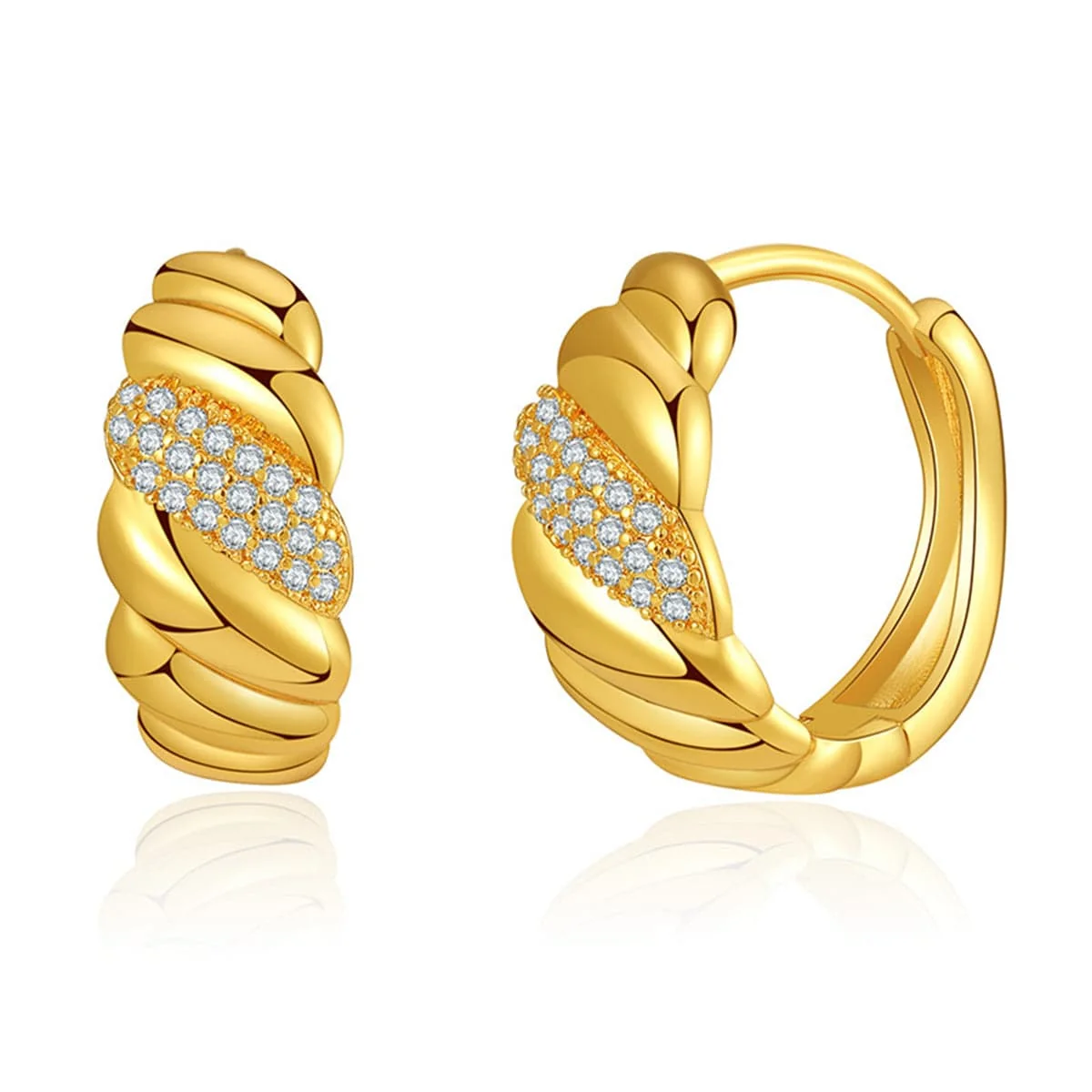 Stylish Cubic Zirconia Goldtone Wave Huggie Hoop Earrings Detailed