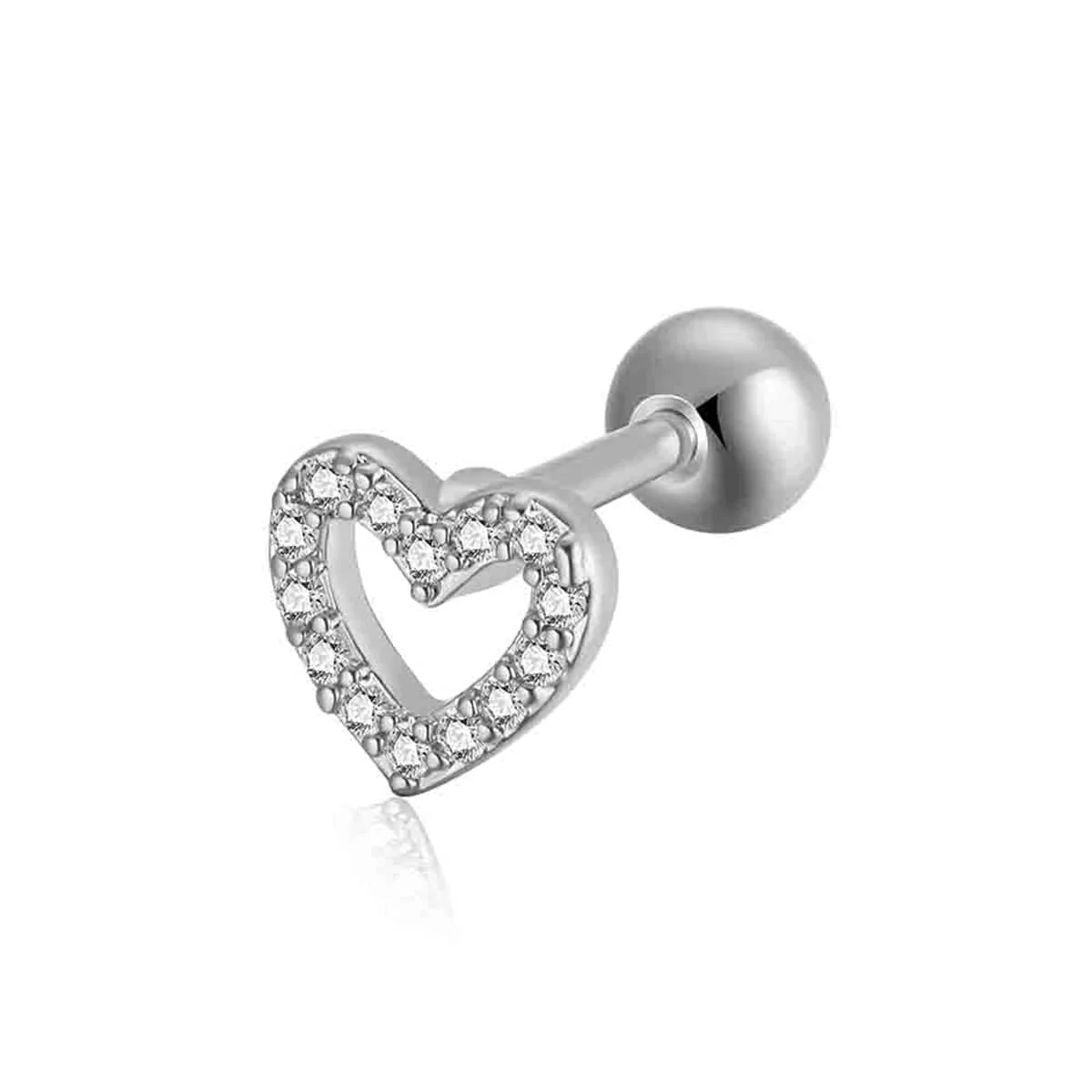 Smooth Cubic Zirconia Silvertone Open Heart Barbell Stud Earring Contemporary