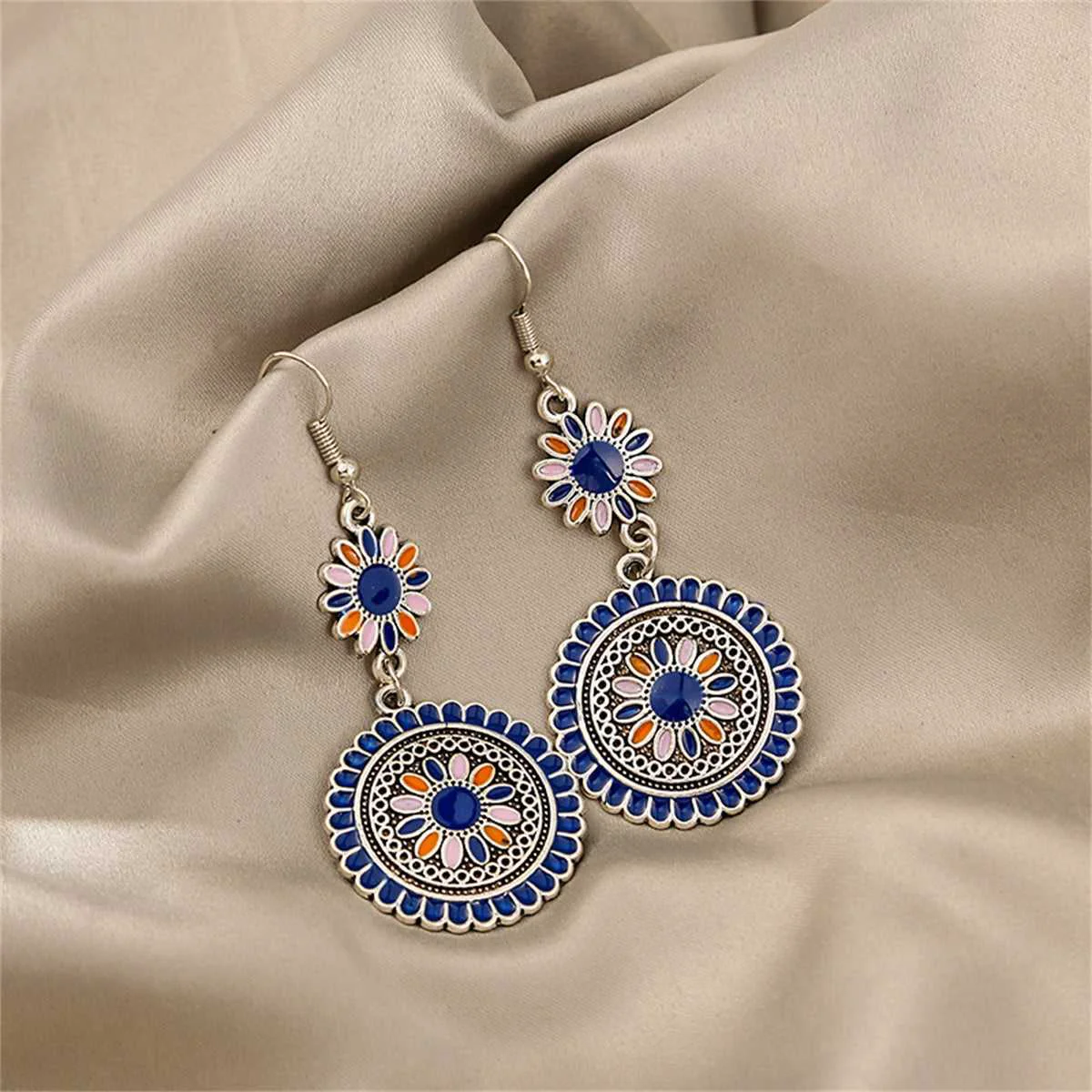 Excellent Blue Enamel Silvertone Sunflower Tiered Drop Earrings Contemporary