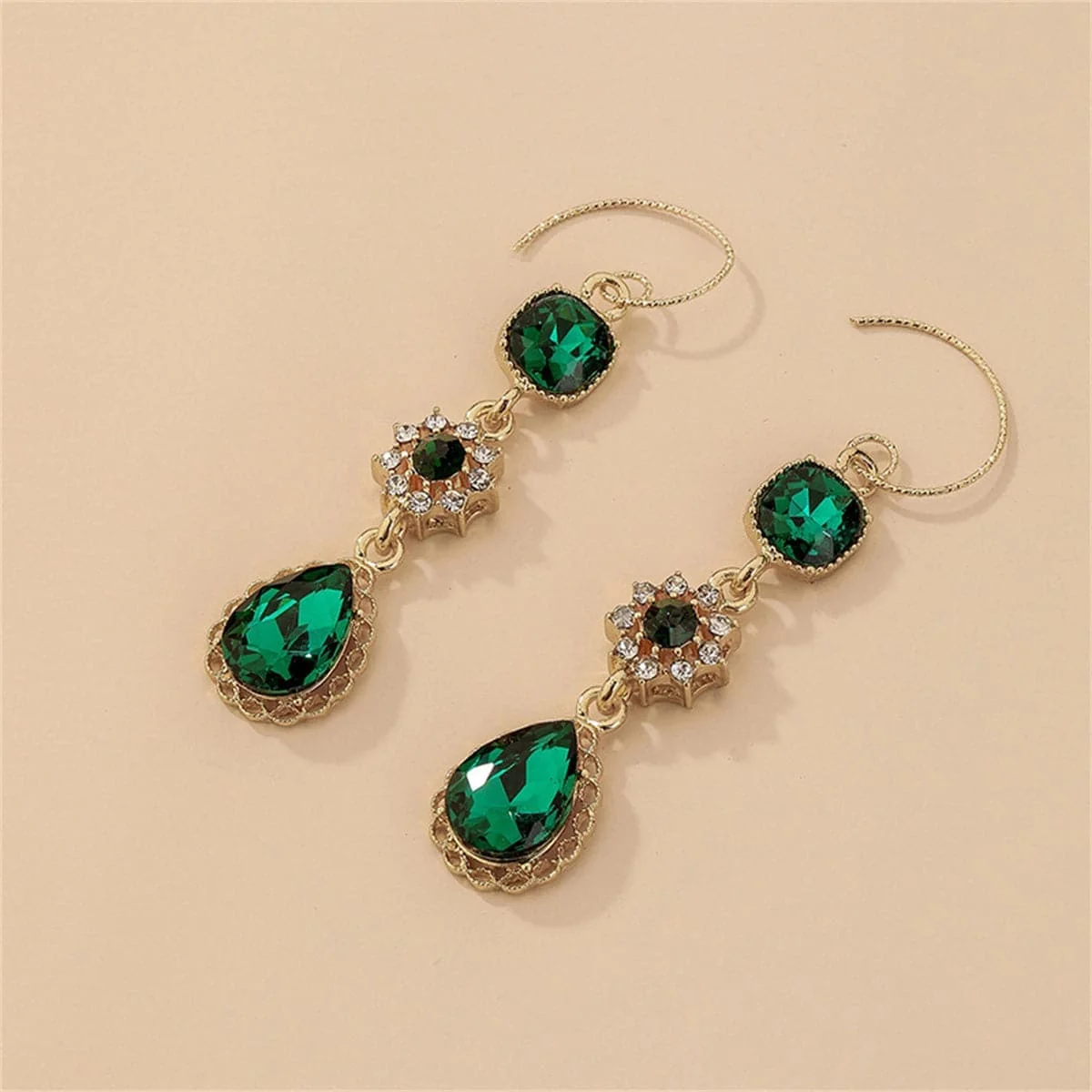 Comfortable Cubic Zirconia Green Crystal Goldtone Flower Drop Earrings Genuine