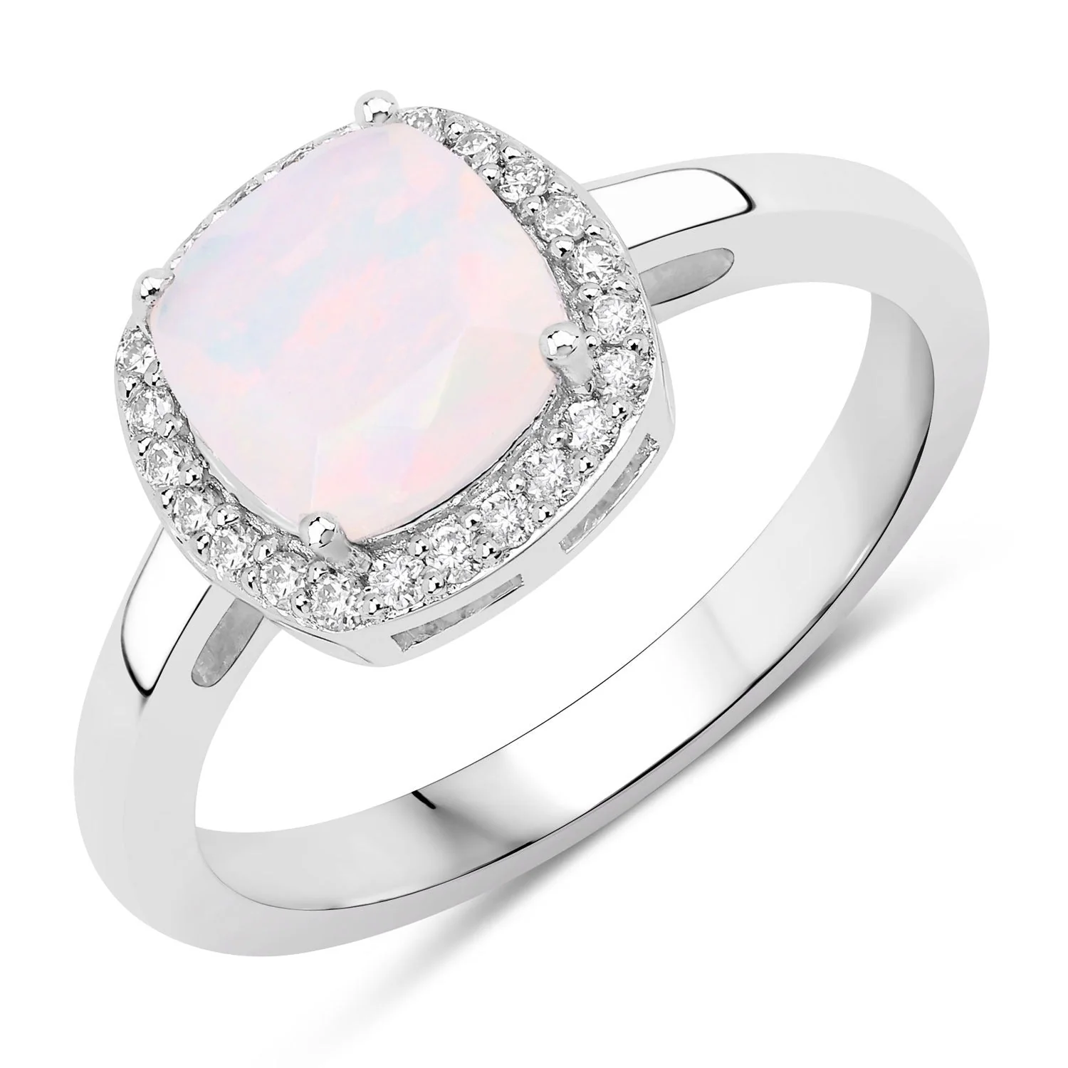 Efficient 0.80 Ct Cushion Ethiopian Opal Lab Diamond Prong Sterling Silver Halo Ring Exceptional