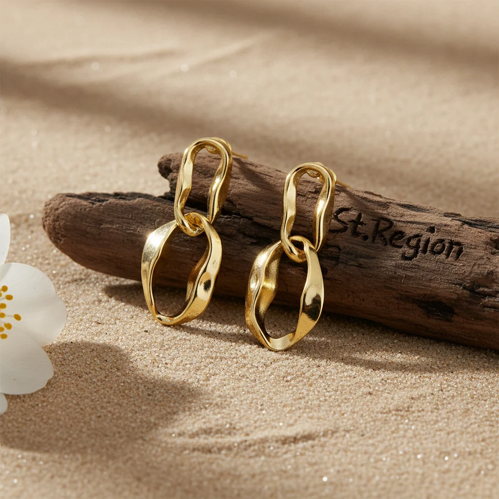 Relaxed Goldtone Abstract Interlocked Oval Drop Earrings Smooth
