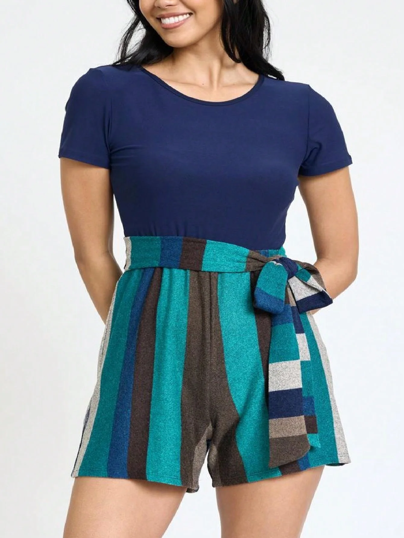 Eco-Friendly Boho Retro 60's Romper Stripe Shorts Short Sleeve With Sash Jumpsuit Genuine