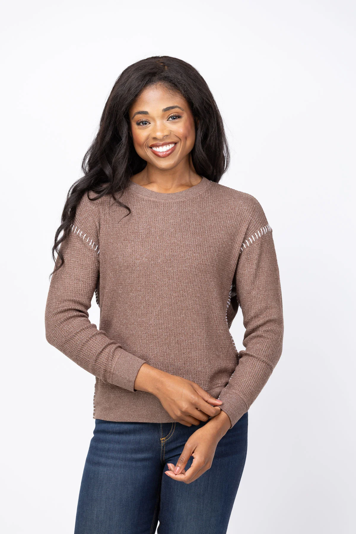 World-Class True Grit Dylan Blanket Stitch Sweatshirt in Soft Brown Organic