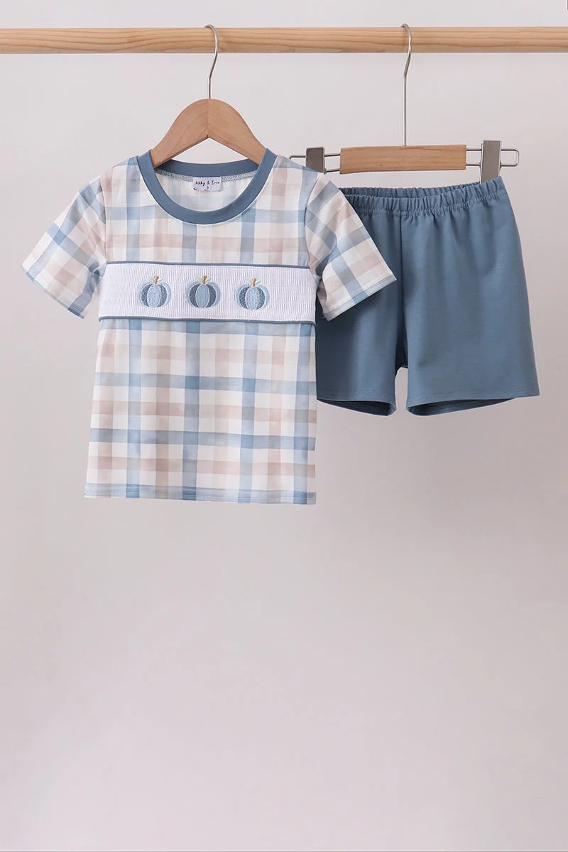 Superior Blue Pumpkin Embroidery Gingham Shorts Set Convenient