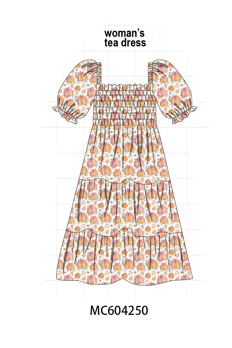 Minimalist Orange Pumpkin Print Smocked Mom Dress High-Performance