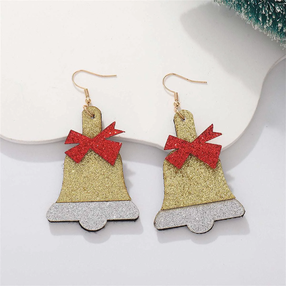 Practical Red Polystyrene Goldtone Glitter Bell Drop Earrings Detailed