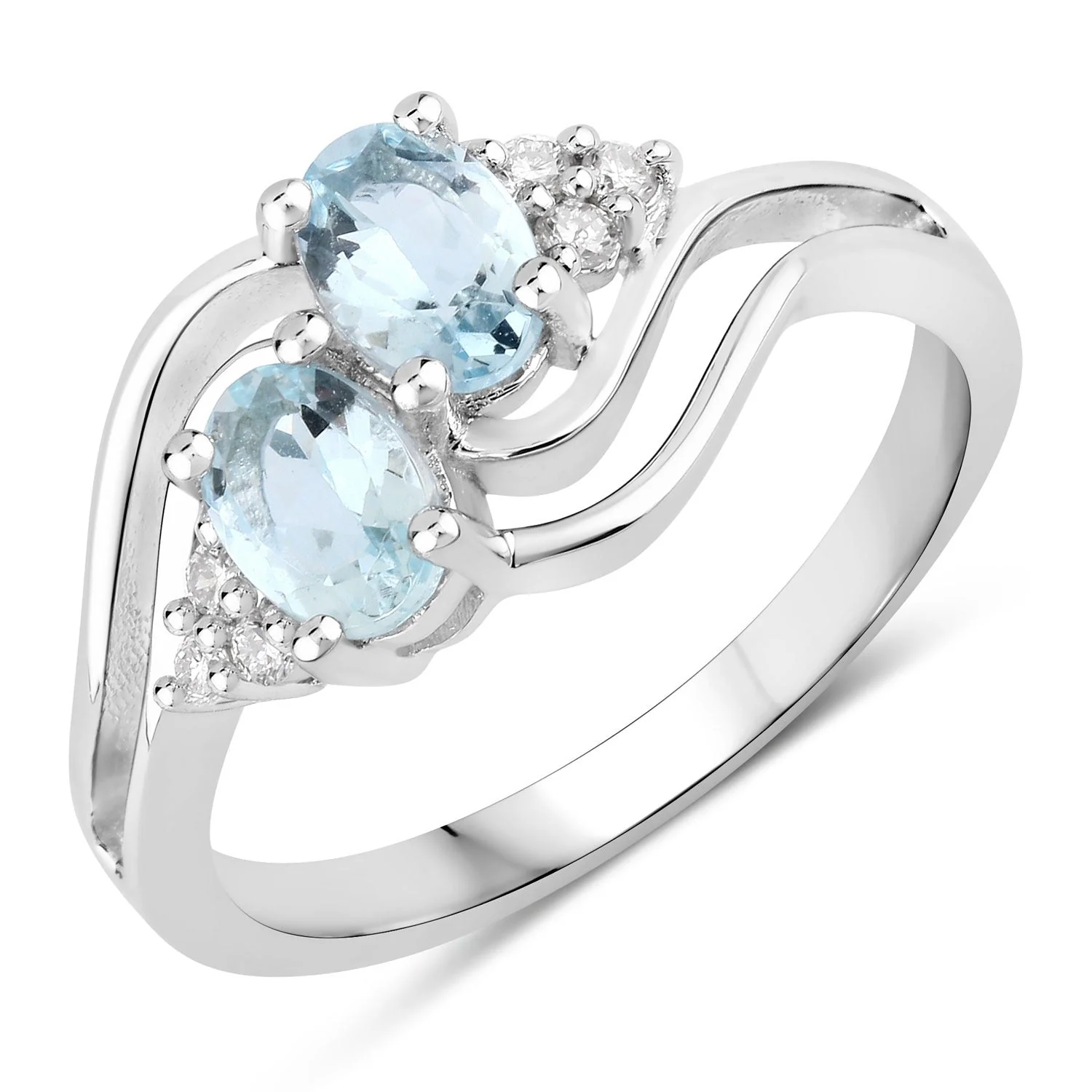 Excellent 0.80 Ct Oval Blue Aquamarine and Lab Diamond Silver Bypass Promise Ring Recyclable