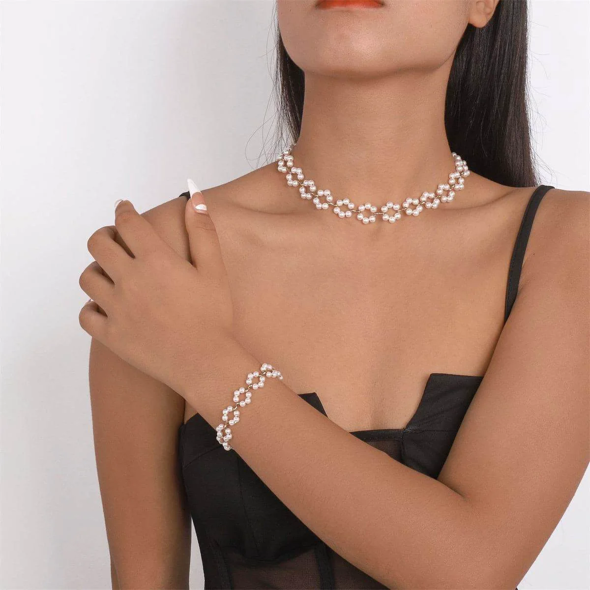 Versatile Pearl Goldtone Flower Station Necklace Bracelet Set Selected