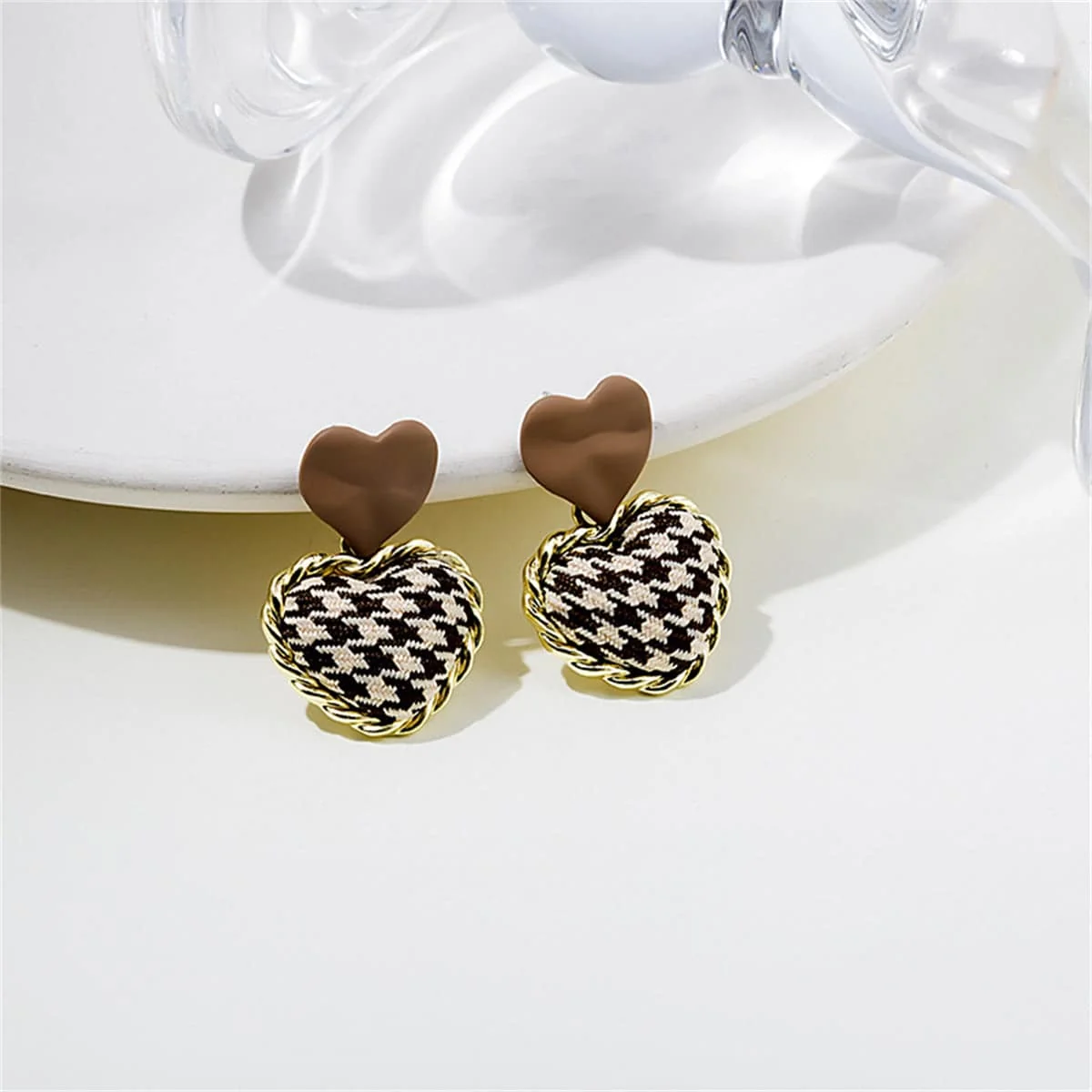 Premium Brown Enamel Polyster Goldtone Checkboard Heart Drop Earrings Easy-to-Use