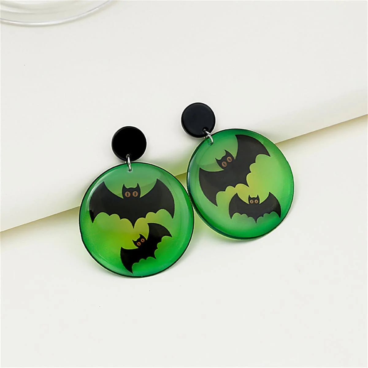 Versatile Black Green Acrylic Silvertone Bat Drop Earrings Recyclable