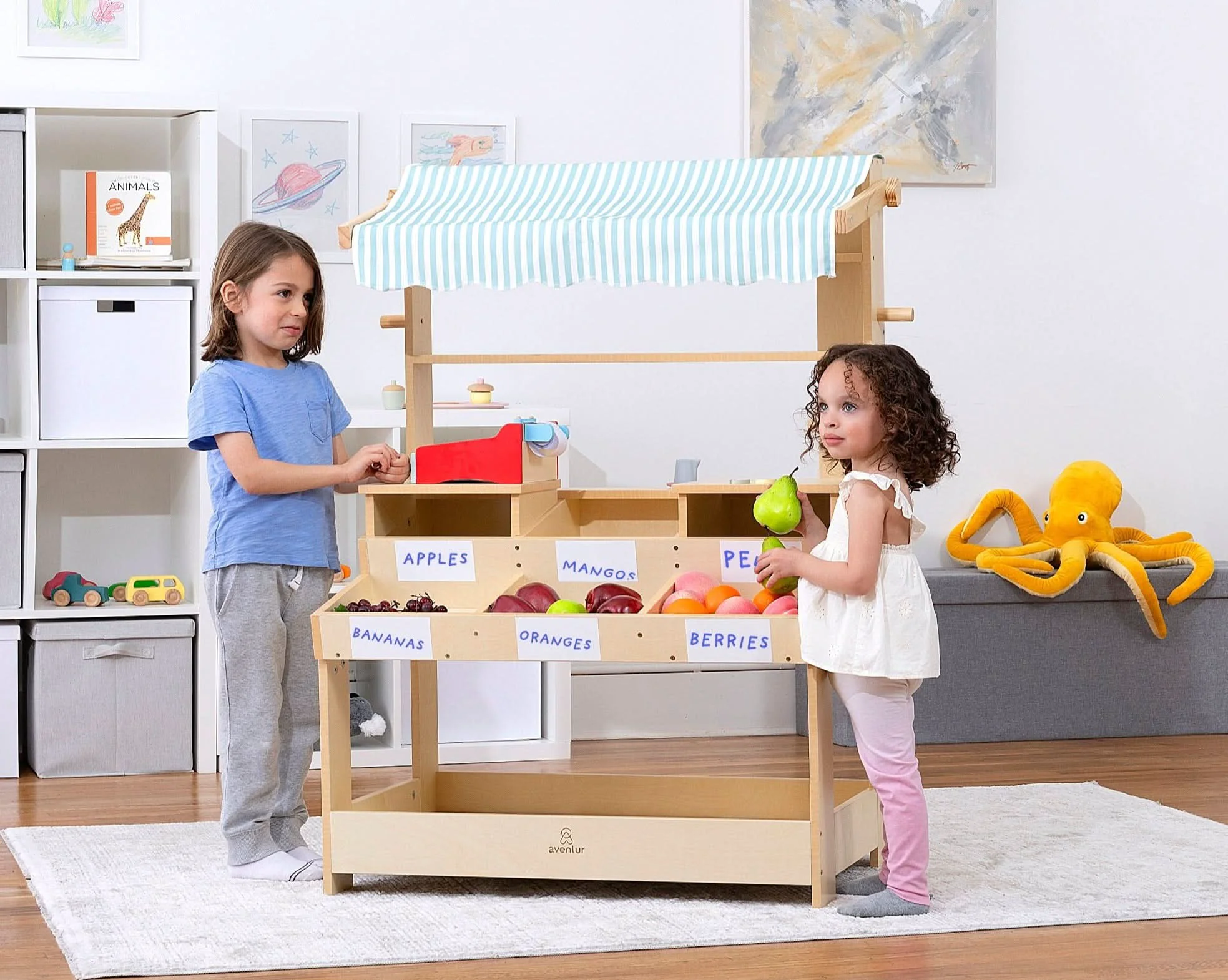 Versatile Cypress Wooden Market Stand – Pretend Play Shop for Kids with Storage Verified