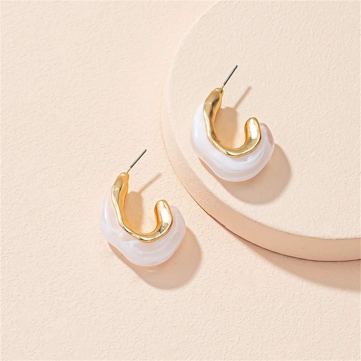 Functional White Resin Goldtone Irregular Huggie Earrings Fine