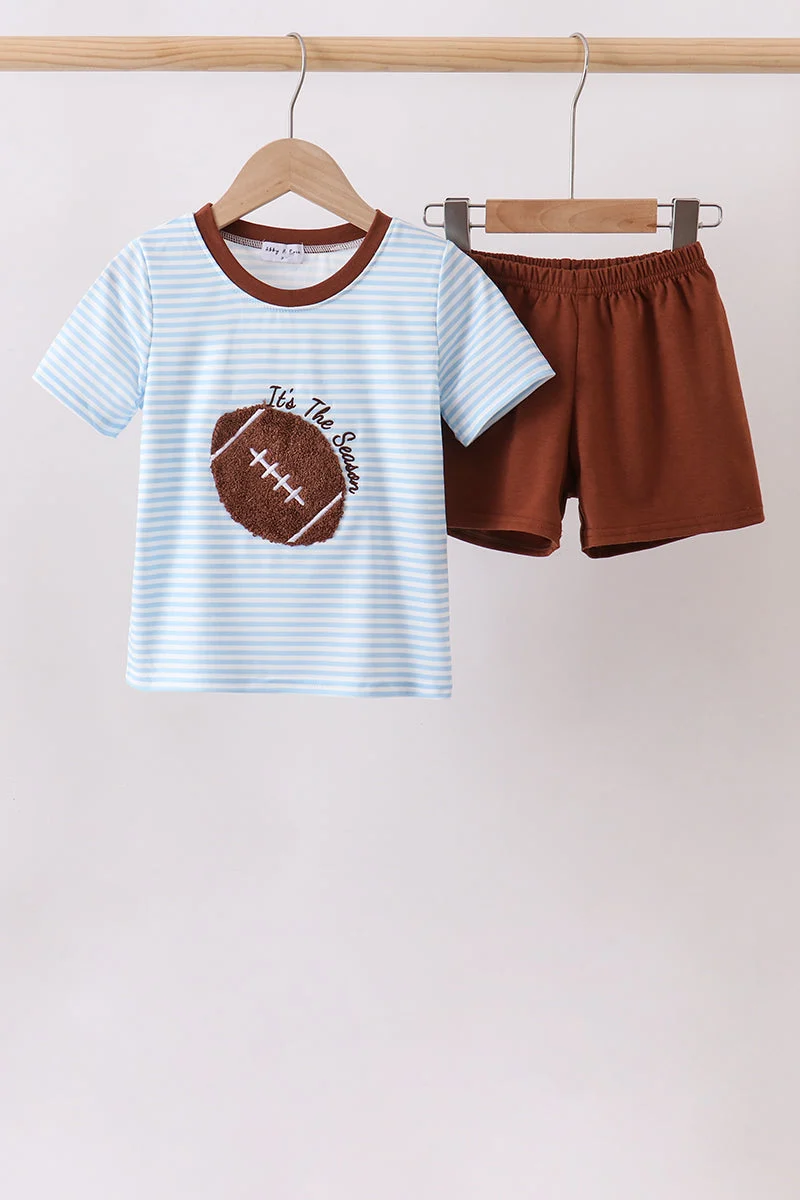 Crafted Blue Stripe Football French Knot Shorts Set Sophisticated
