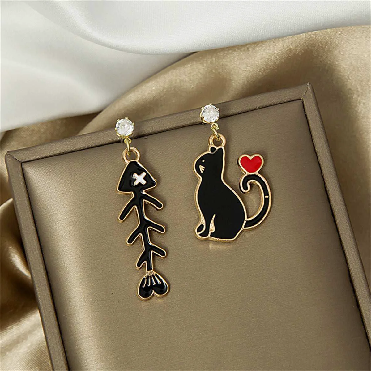 Top-Quality Black Enamel Cubic Zirconia Goldtone Cat Fishbone Drop Earrings Exclusive