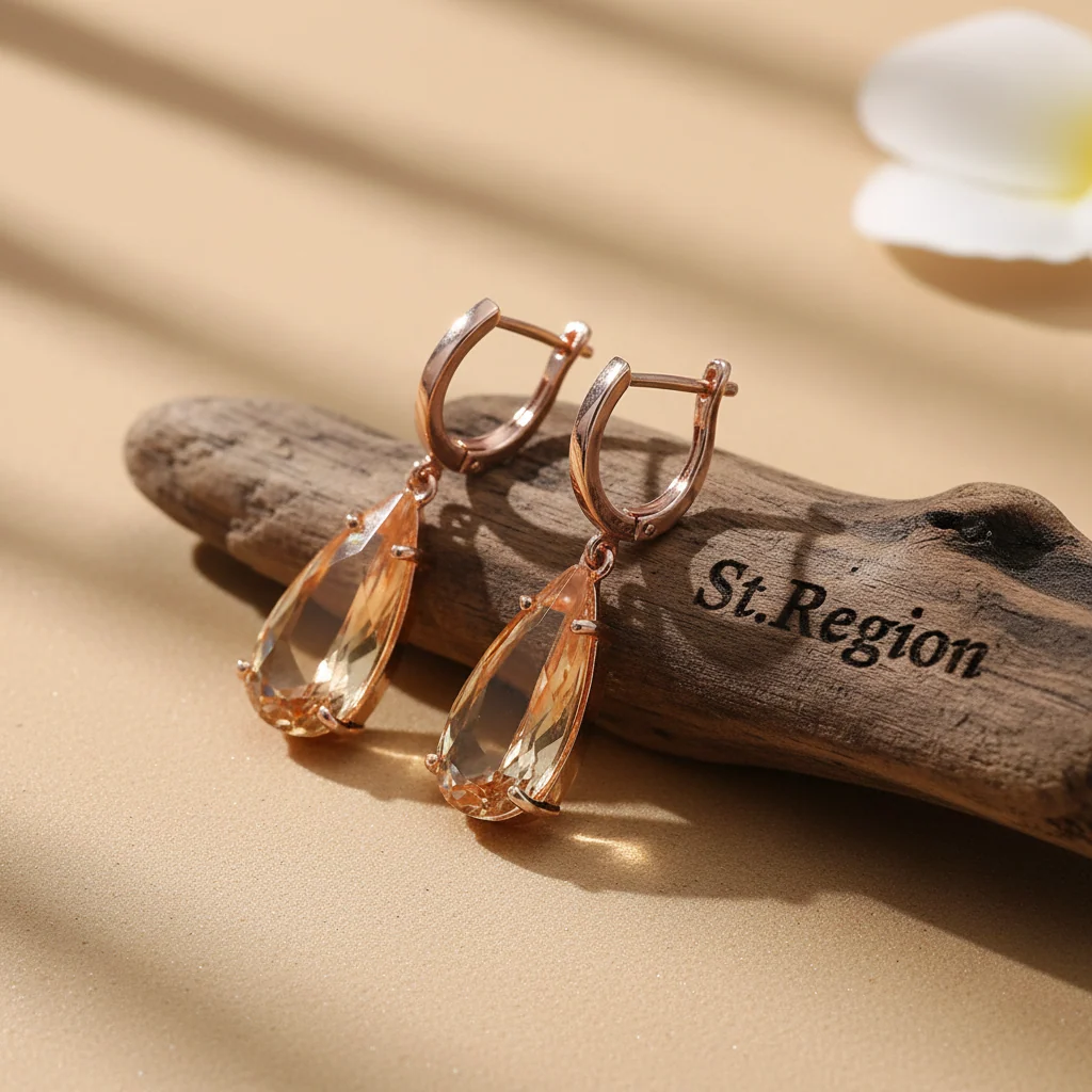 Expertly Made Champagne Crystal Rose Goldtone Drop Earrings Premium Material