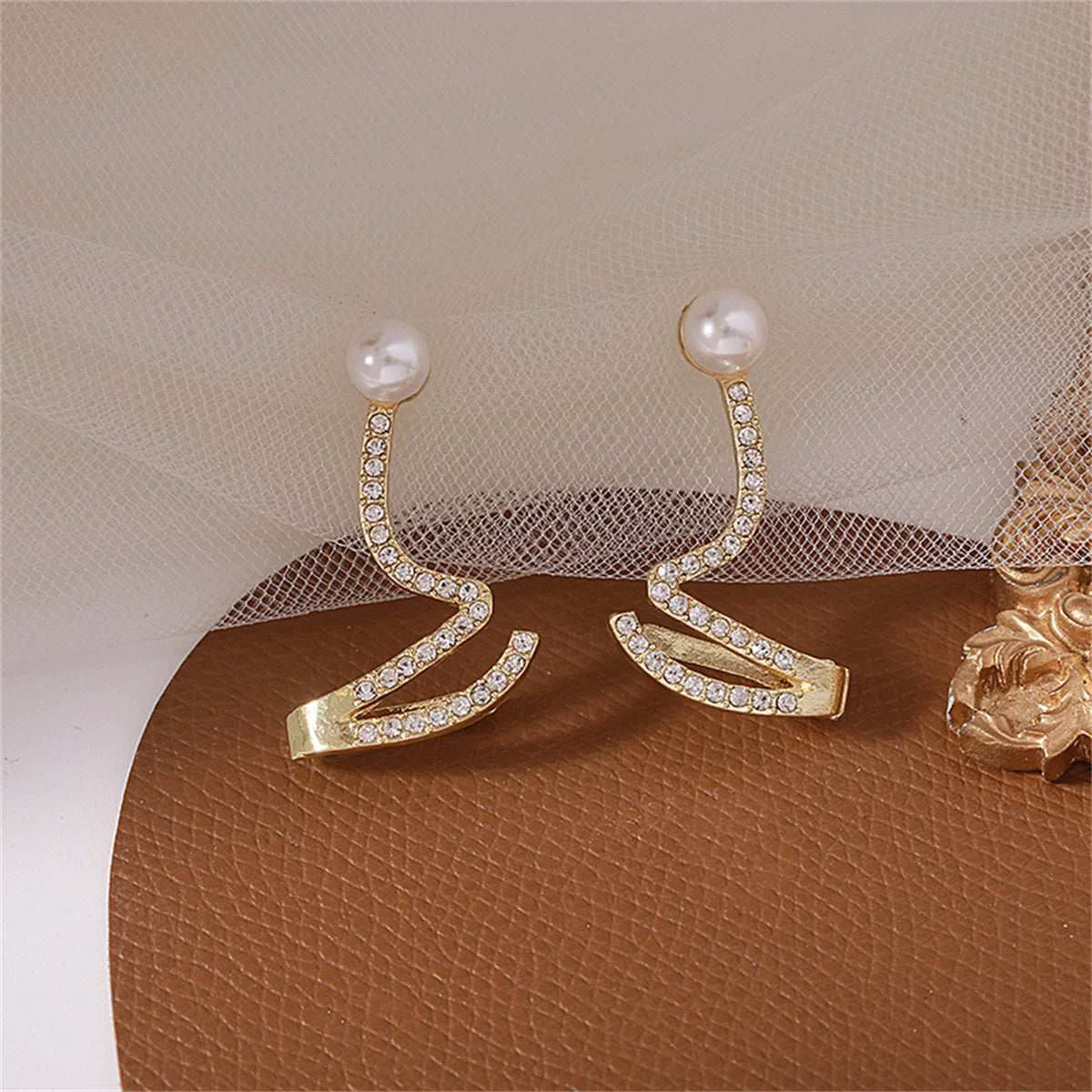 Premium Cubic Zirconia Pearl Goldtone Wave Drop Earrings Luxury