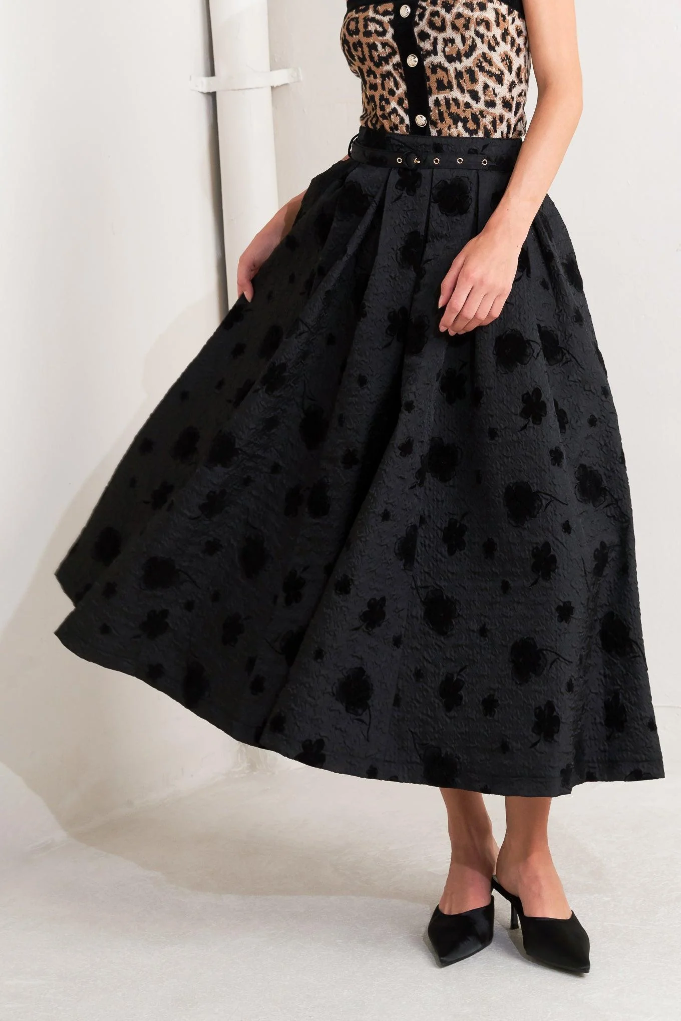 Certified Noir Blooming Romance Woven Full Midi Skirt Durable