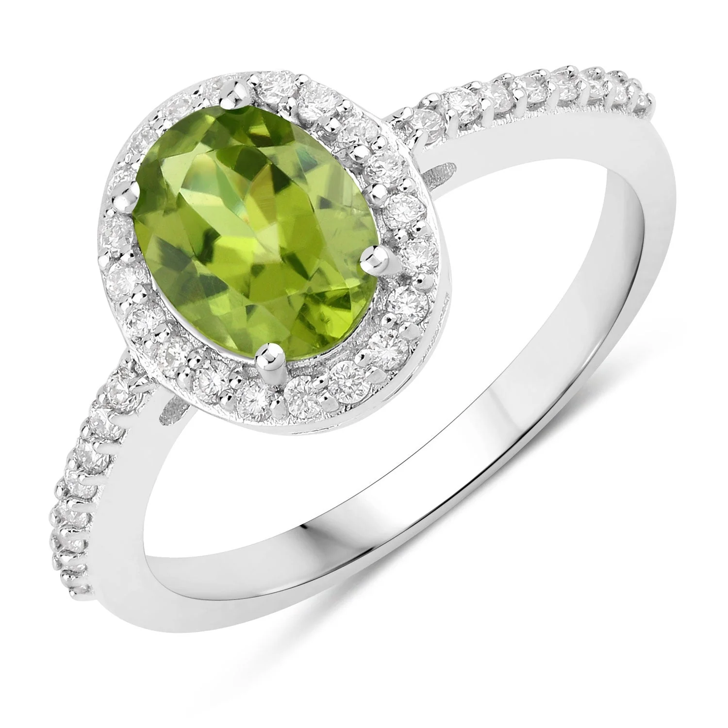 Original Design 1.10 Ct Oval Green Peridot and Lab Diamond Prong Silver Halo Pave Ring Contemporary