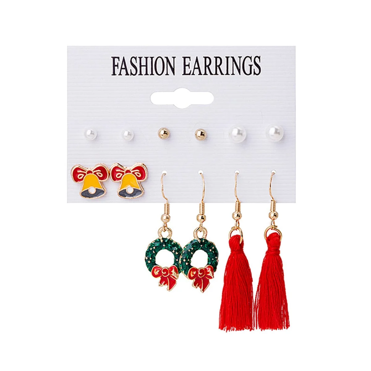 Contemporary Pearl Red Bell Bow Tassel Stud Drop Earrings Set Fine
