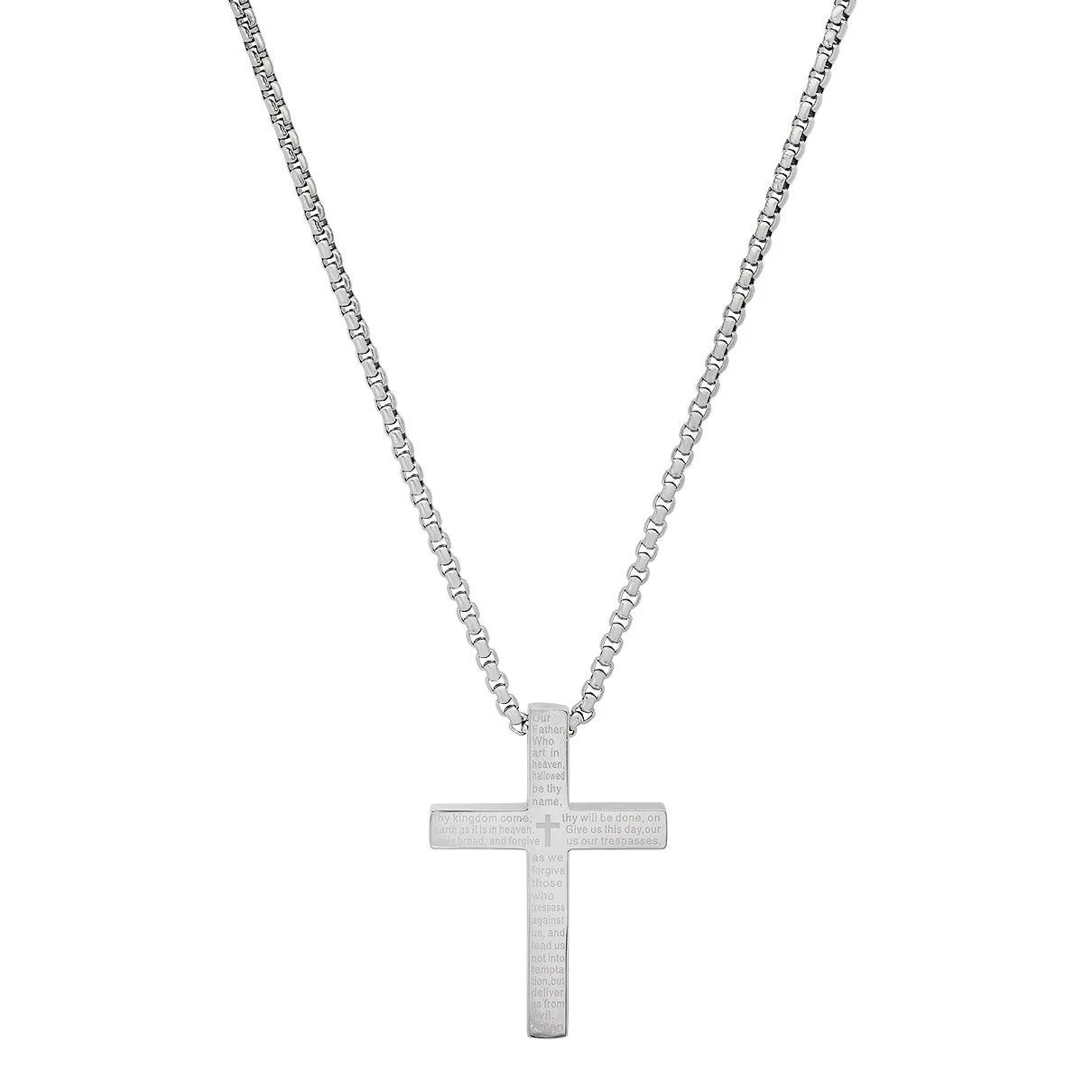 Sustainable Stainless Steel Lord'S Prayer Square Cross Pendant Contemporary