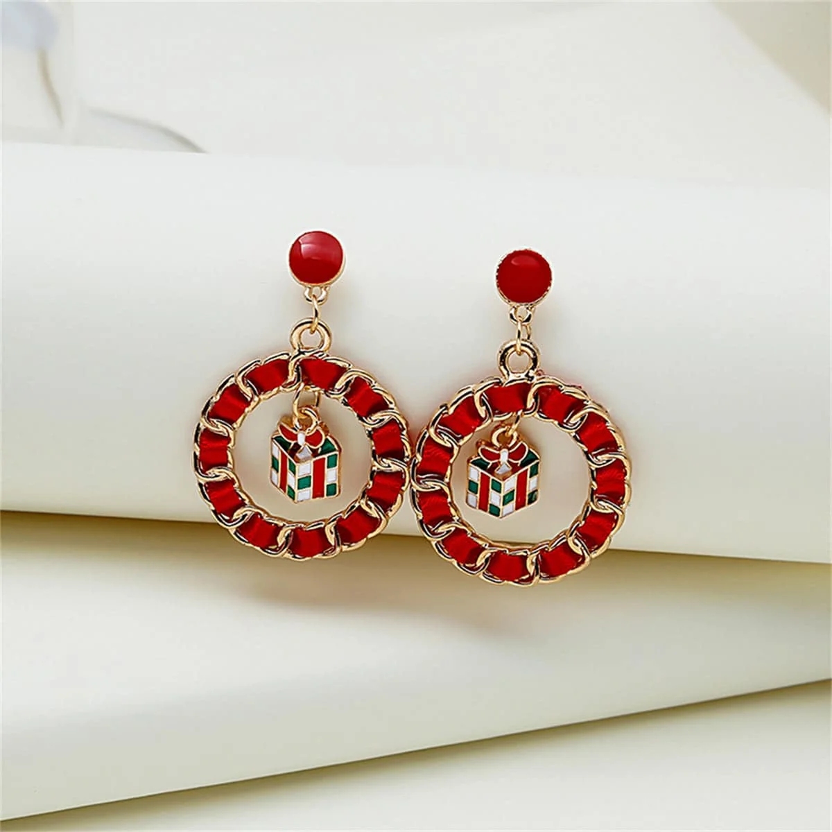 Powerful Red Ribbon Enamel Goldtone Gift Box Figaro Drop Earrings Practical