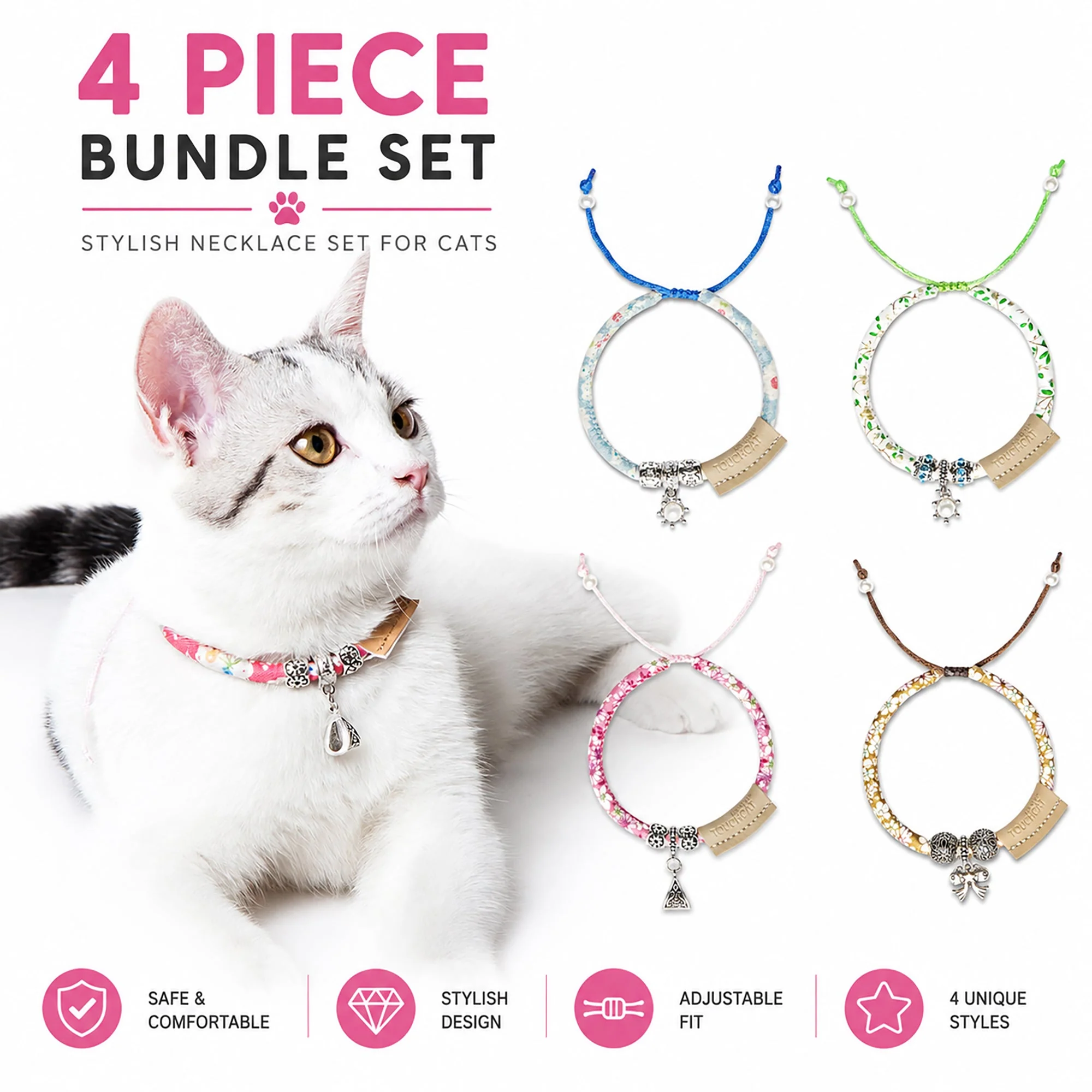 Proven Pet Life ® Touchcat Lucky Charms Fashion Cat Necklace or Cat Collar with Designer Accent - 4 Pack Superior