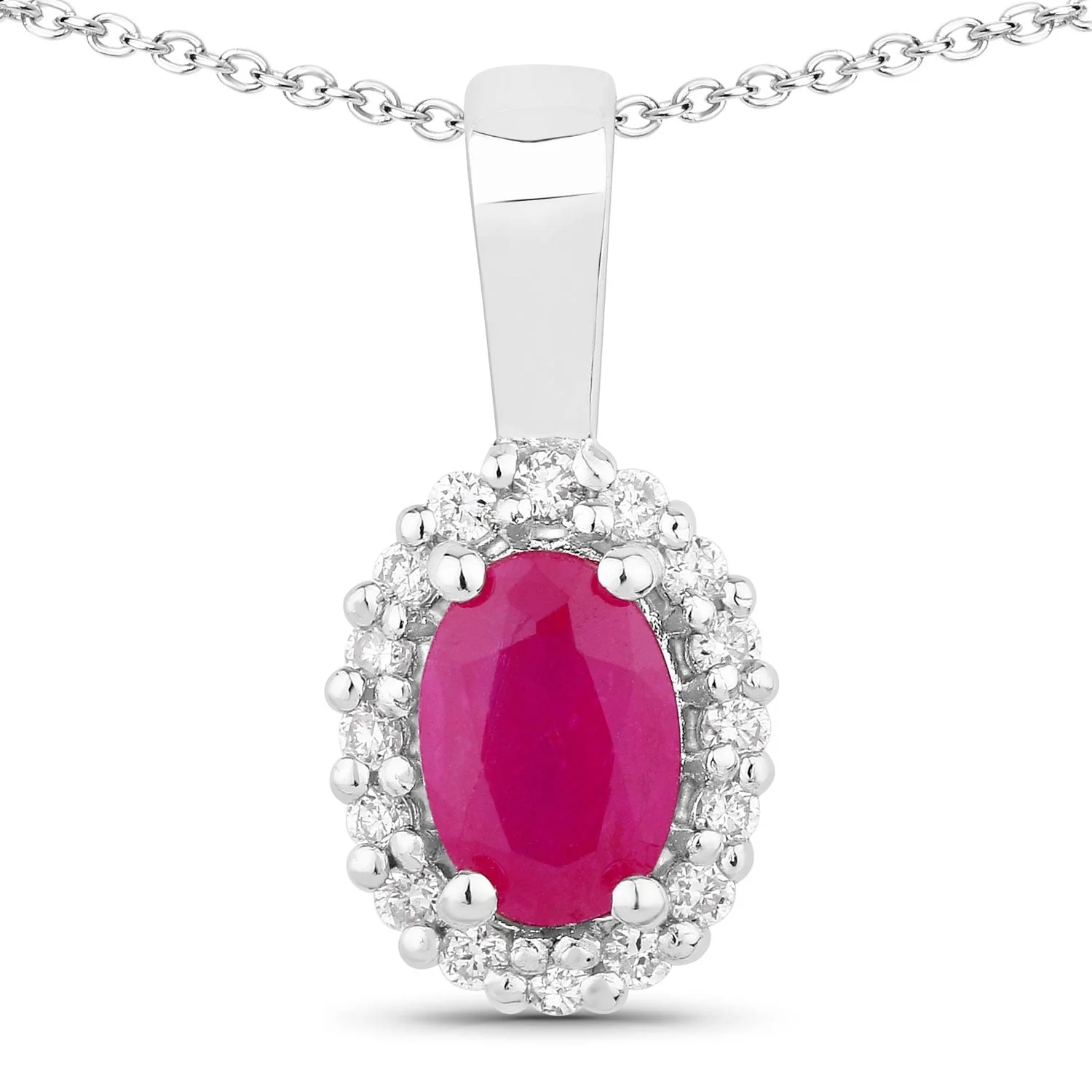 Sustainable 0.52 Ct oval pink Mozambique Ruby and Lab Diamond prong Silver Halo pendant Necklace Proven