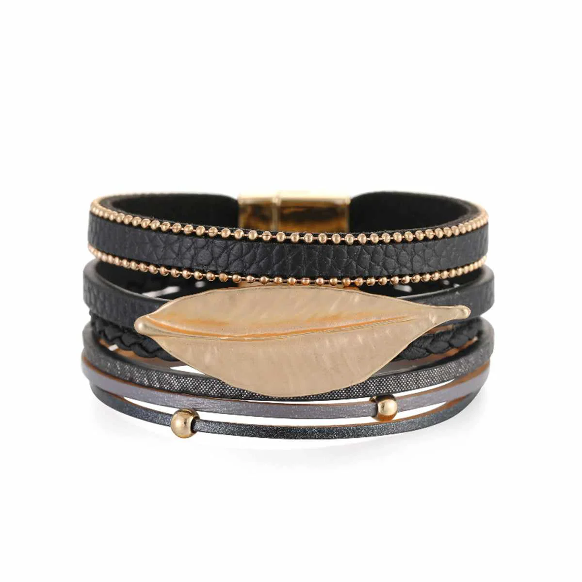 Long-Lasting Black Polystyrene Goldtone Bead Line Leaf-Charm Layered Bangle Smooth