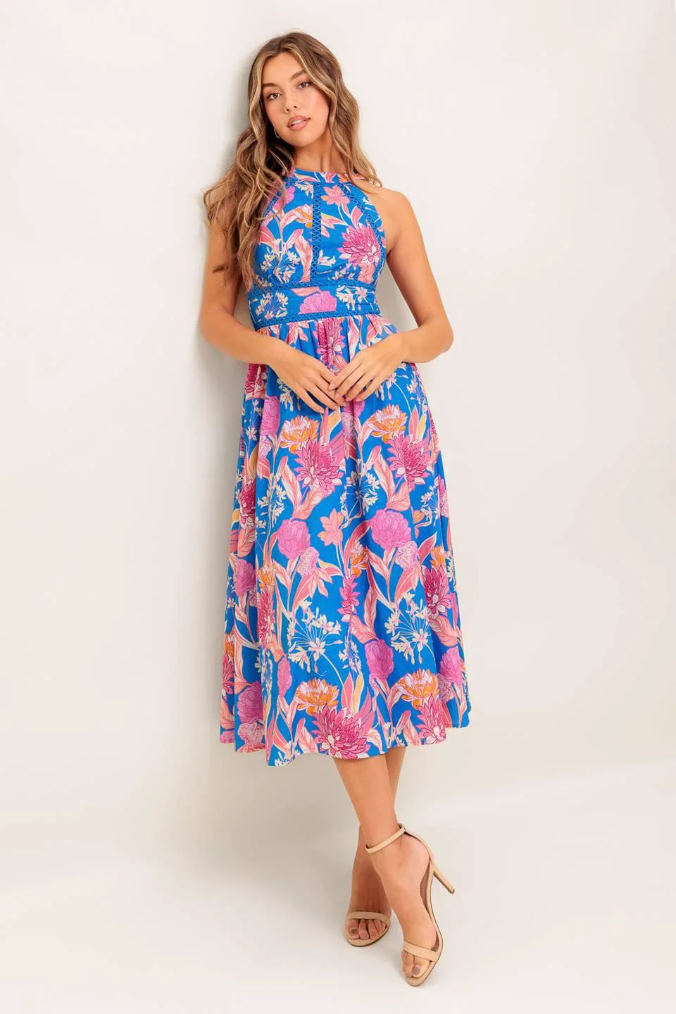 Functional Sun-kissed Flower Woven Midi Dress Soft