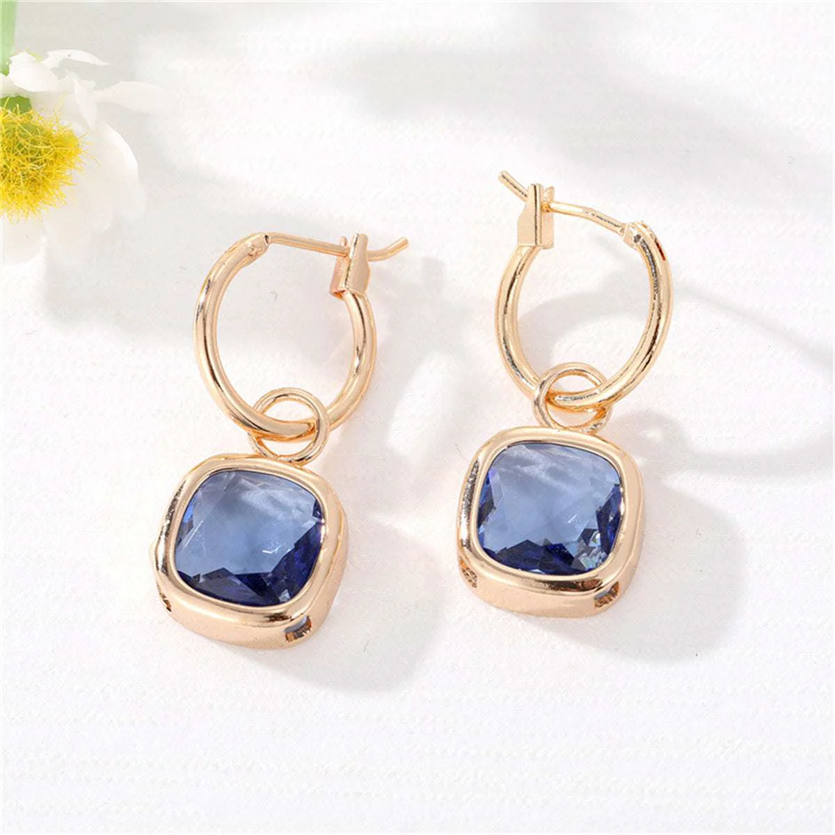 Original Design Blue Crystal Goldtone Cube Drop Huggie Earrings Lightweight