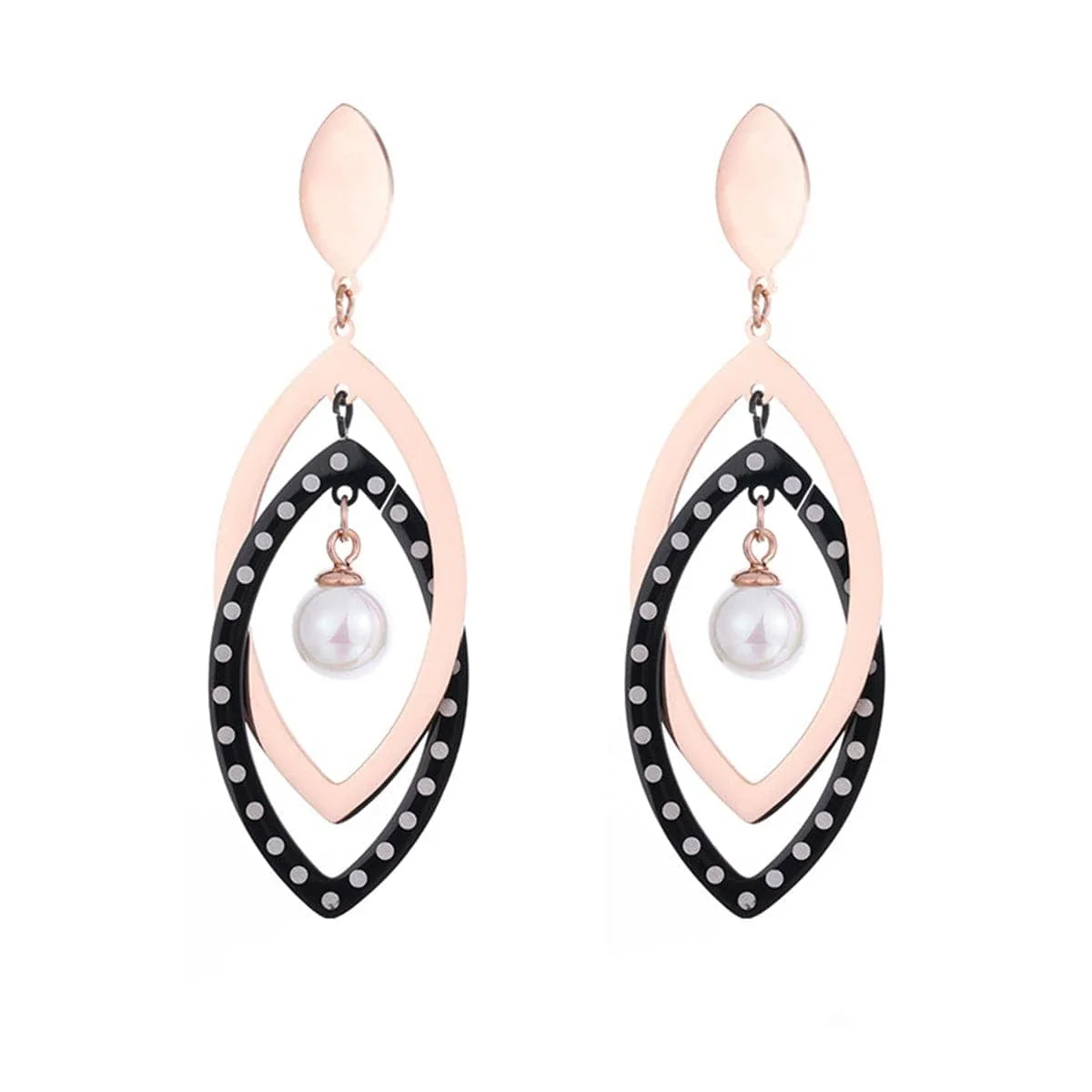 Breathable Black Acrylic Pearl Rose Goldtone Open Leaves Drop Earrings Original Design