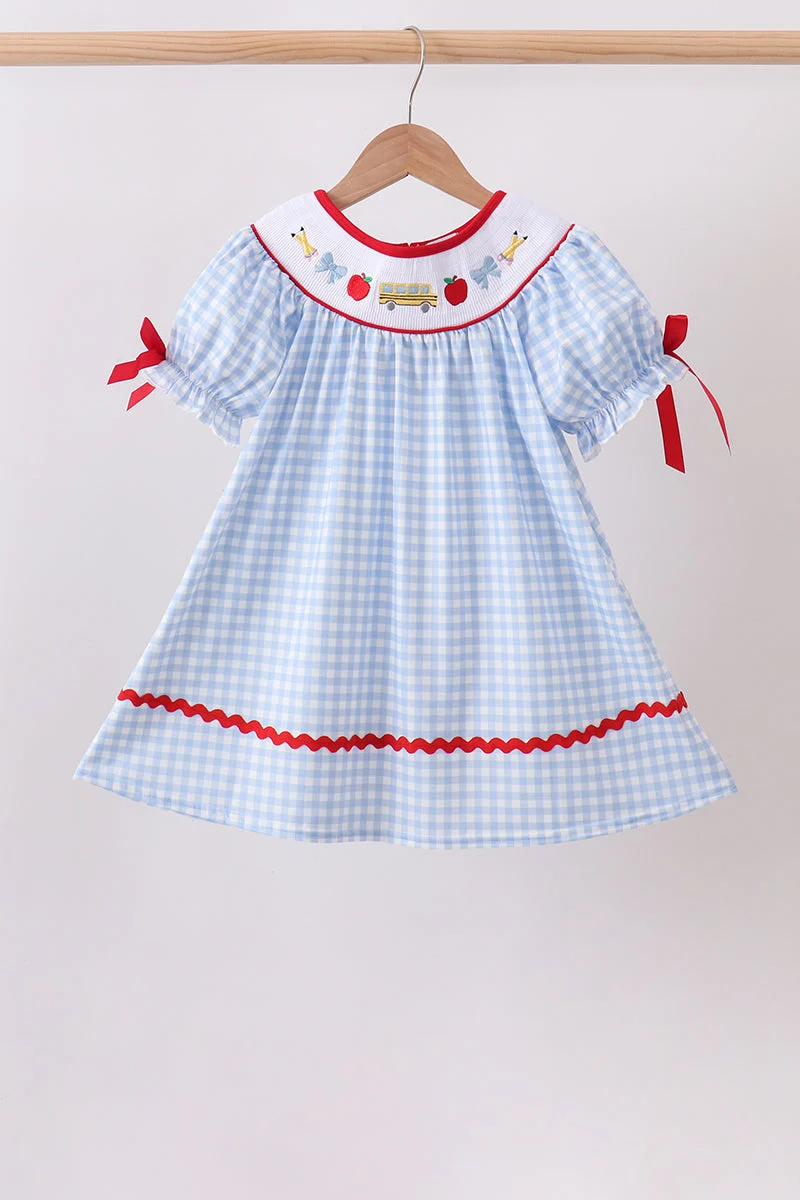 Long-Lasting Blue School Bus Smocked Gingham Dress Secure