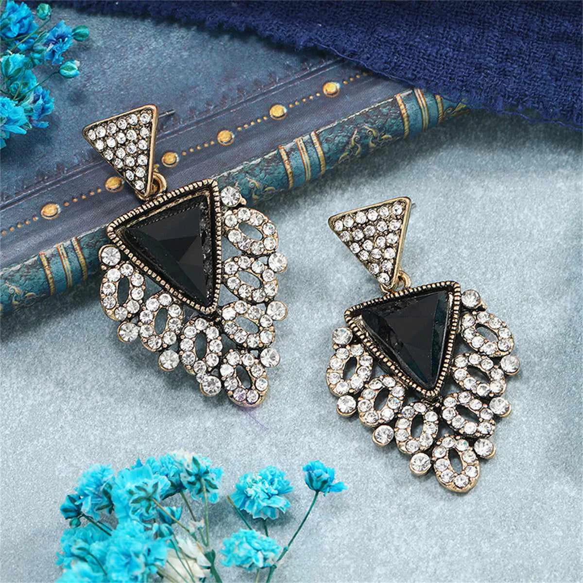Quality Black Crystal Cubic Zirconia Triangle Drop Earrings Unique