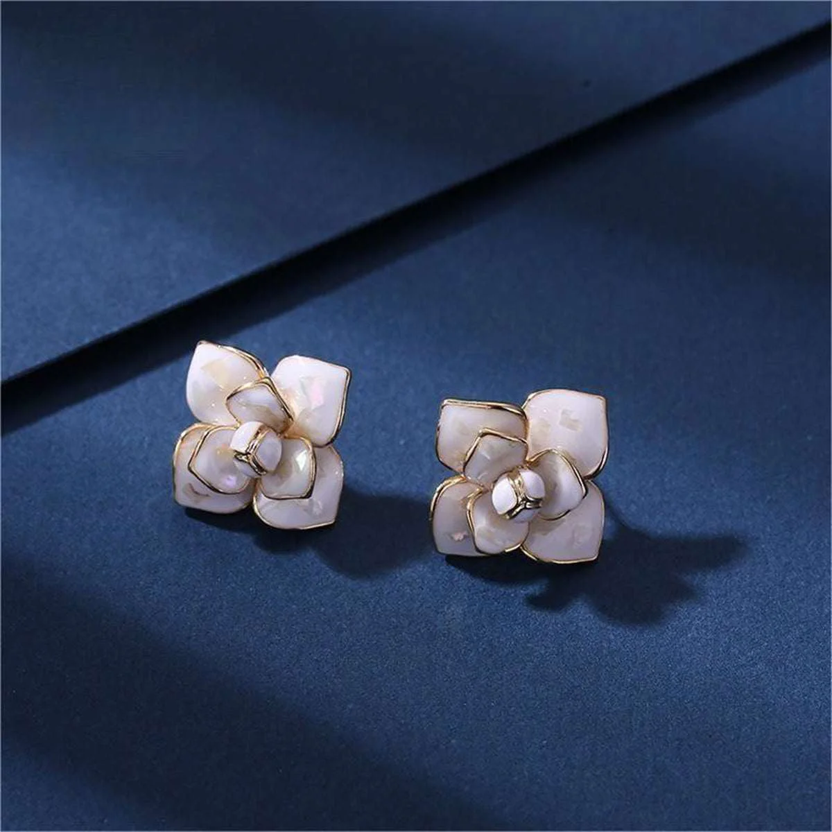 Modern White Enamel Goldtone Camellia Stud Earrings Fashionable