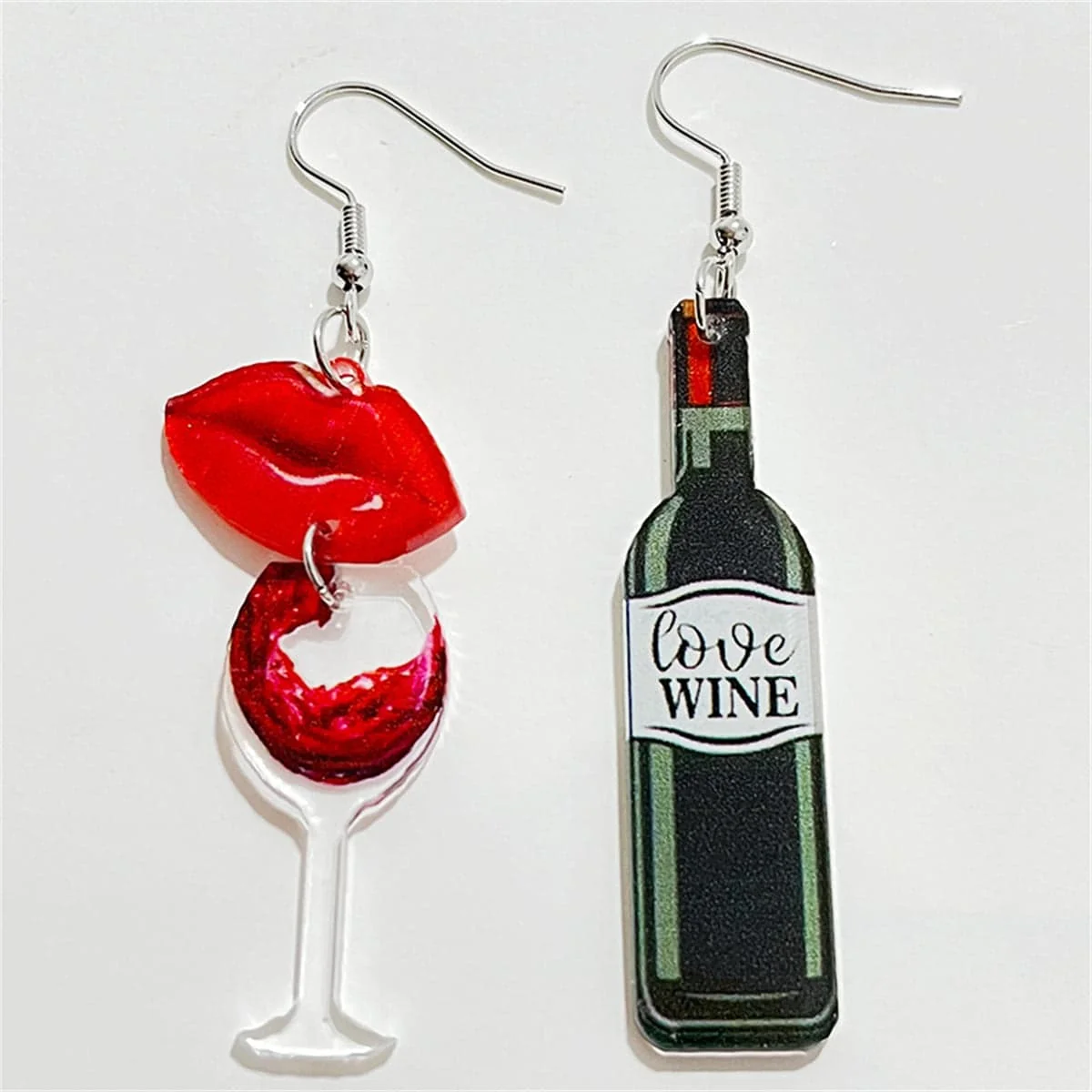 Functional Red Black 'Love Wine' Lip Wine Glass Mismatched Drop Earrings Outstanding