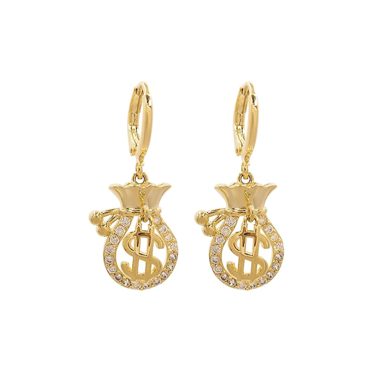 Detailed Cubic Zirconia Goldtone Wallet US Dollars Sign Drop Earrings World-Class