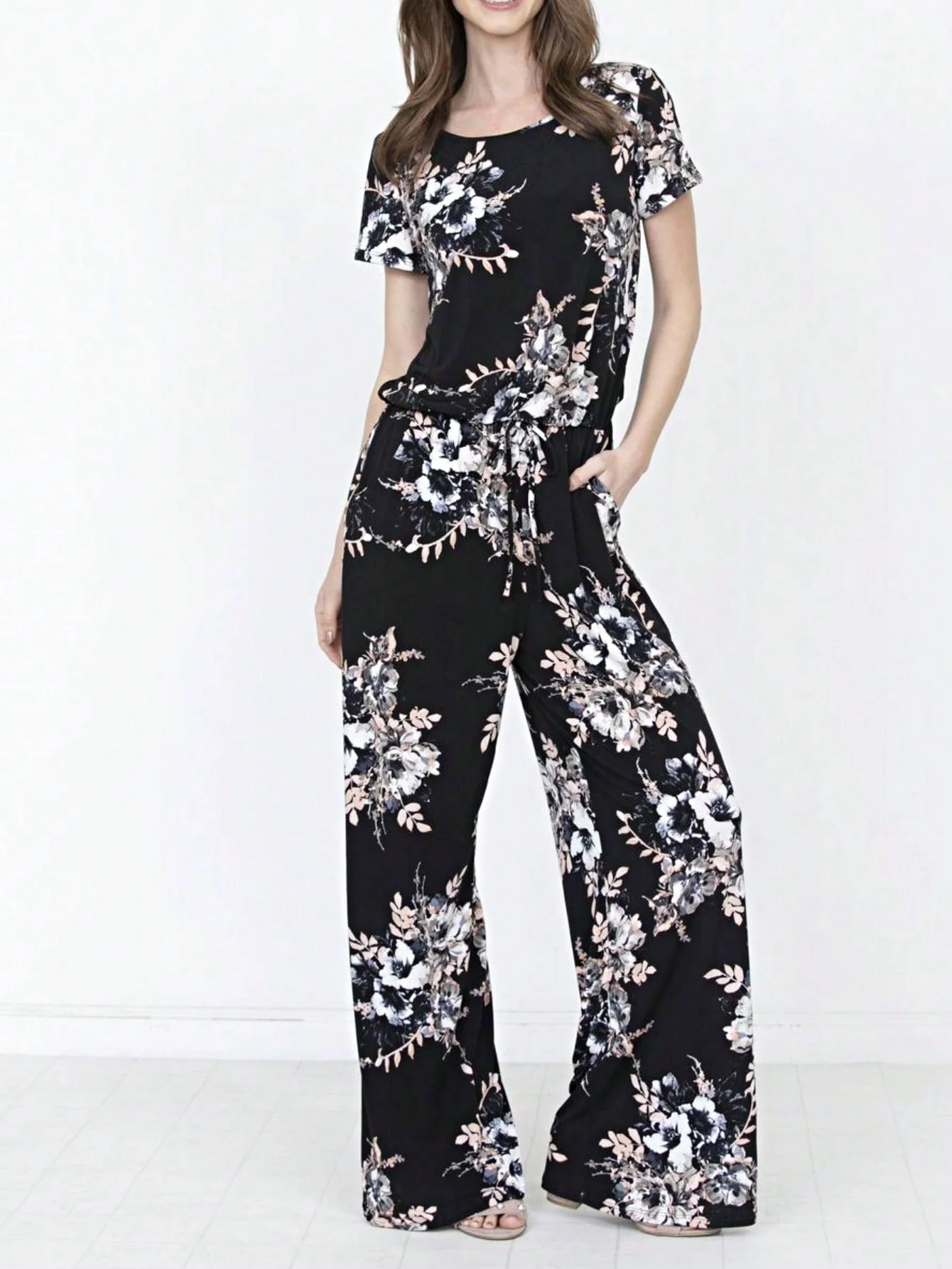 Traditional Boho Casual Beige Blue Floral Leaf Tank Cami One Shoulder Ruffle Wide Leg Jumpsuit Small To 3 XL PLUS Optimized