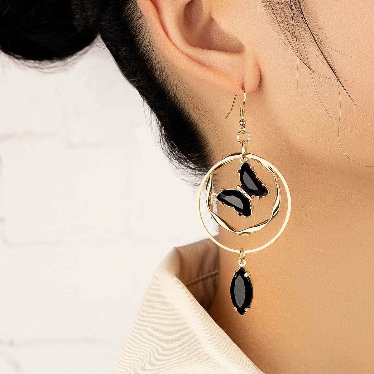 Easy-to-Use Black Crystal Cubic Zirconia Goldtone Butterfly Drop Earrings Artisan