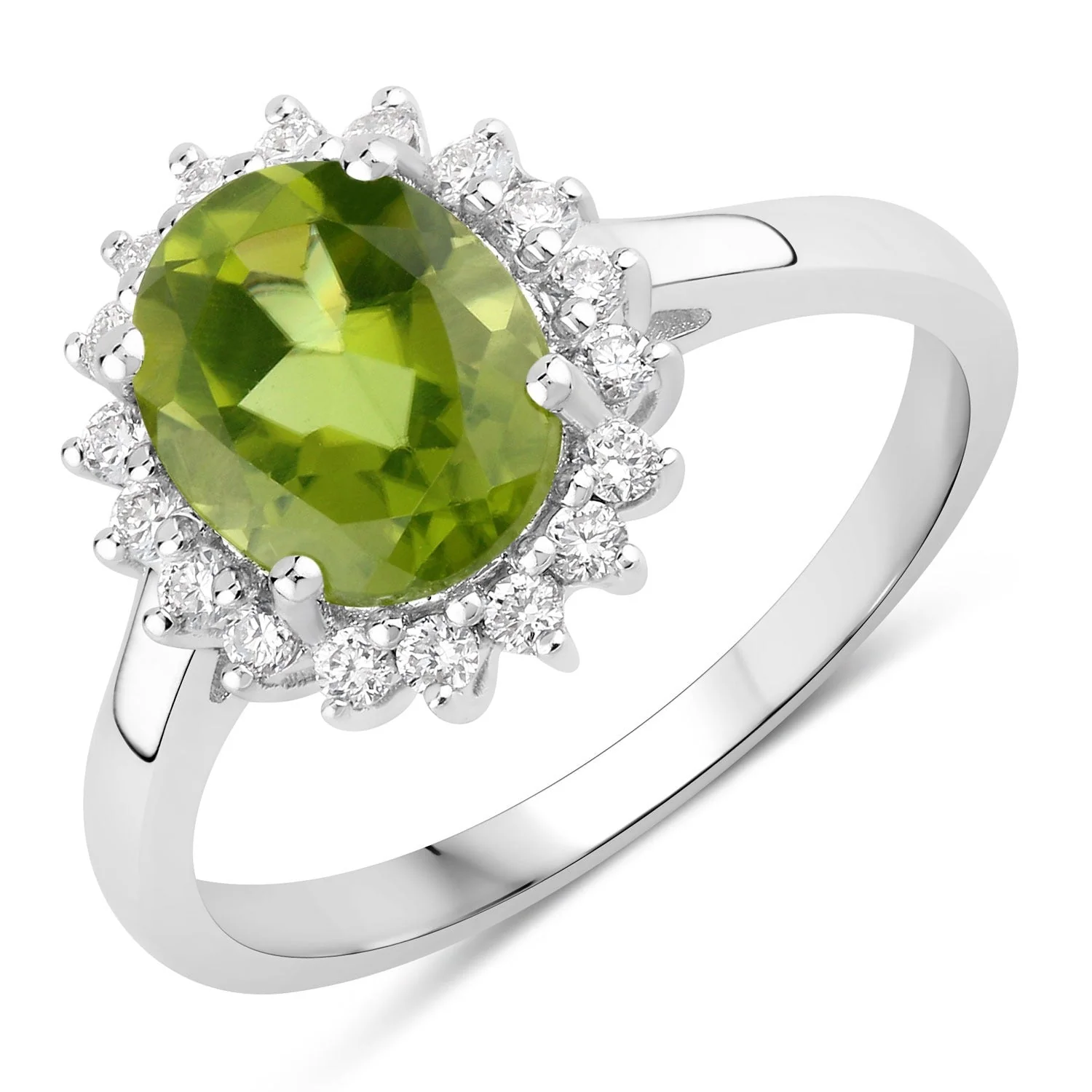 Elegant 1.70 Ct Oval Green Peridot and Lab Diamond Prong Silver Halo Ring Top-Quality