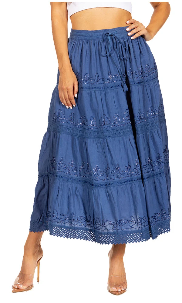 Green Sakkas Solid Embroidered Crochet Lace Trim Gypsy Bohemian Mid Length Cotton Skirt Casual