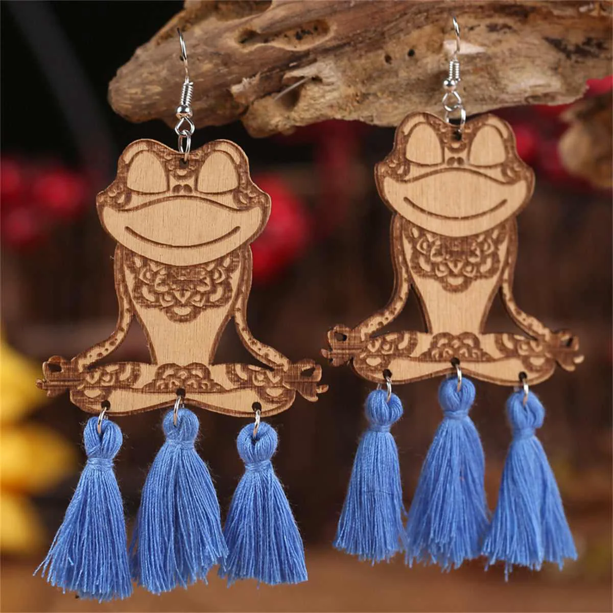 Smooth Blue Polyester Wood Frog Tassel Drop Earrings Natural