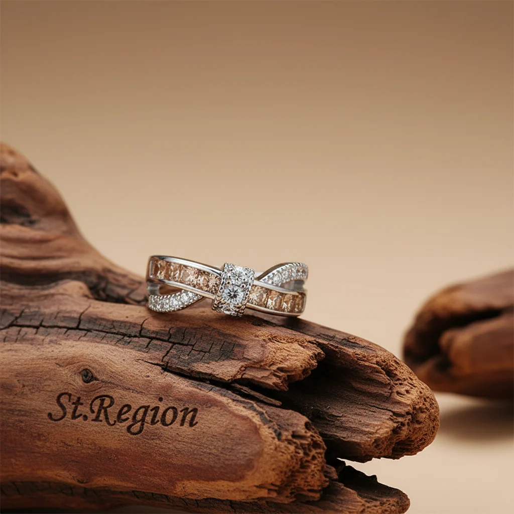 Natural Champagne Crystal Cubic Zirconia Crossing Line Ring Unique