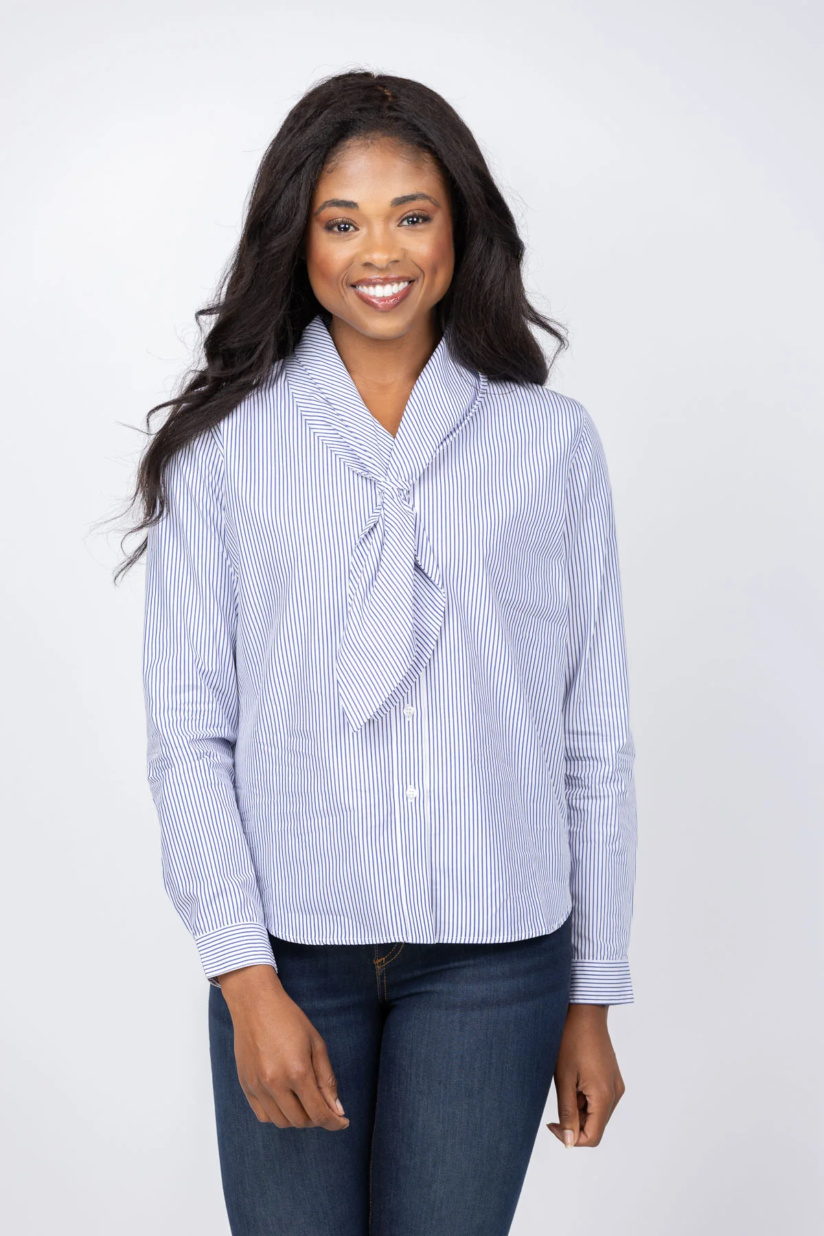 Excellent Elliott Lauren Tie Neck Blouse in White Blue Stripe Original Design