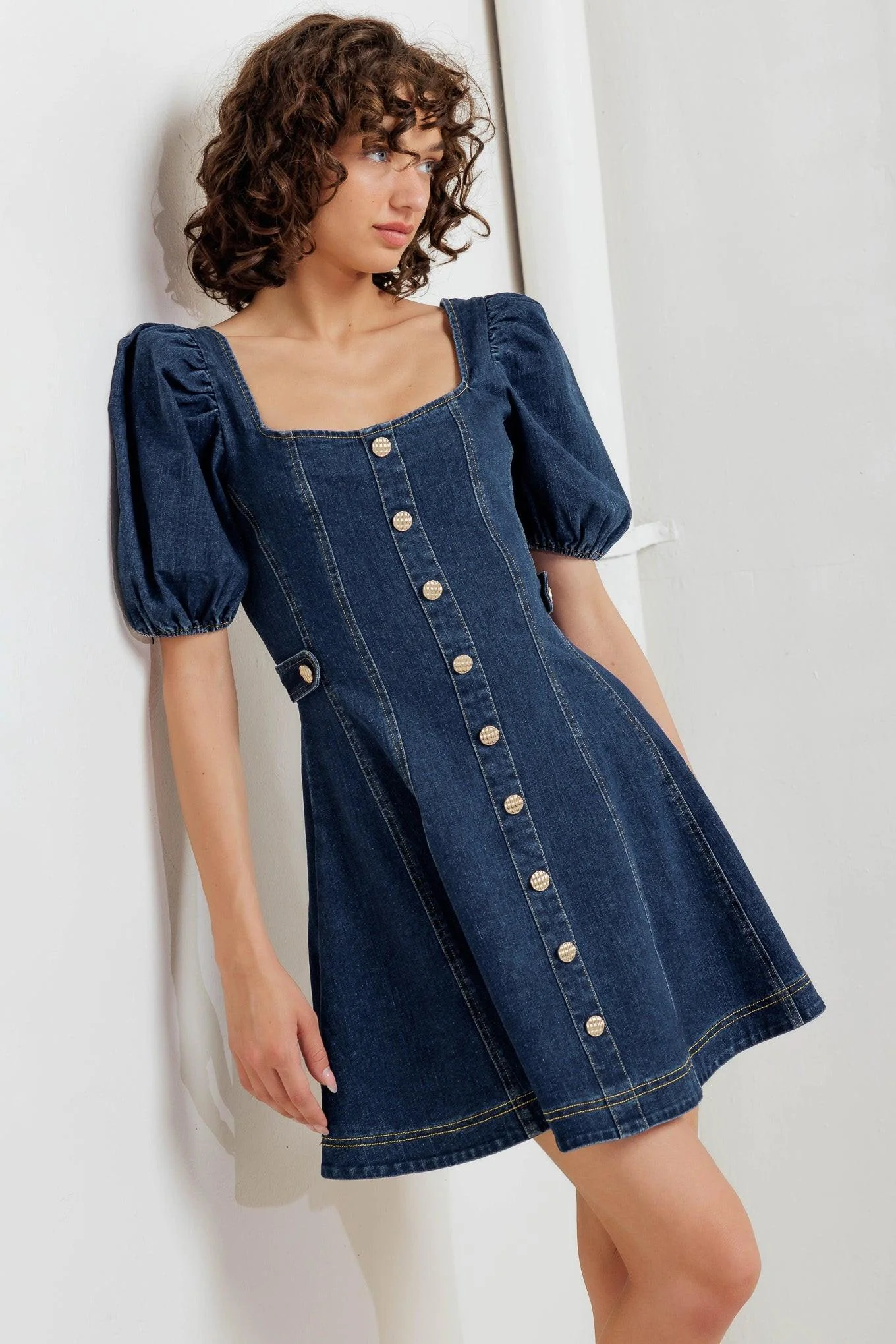 Detailed Puff Play Denim Mini Dress Eco-Friendly