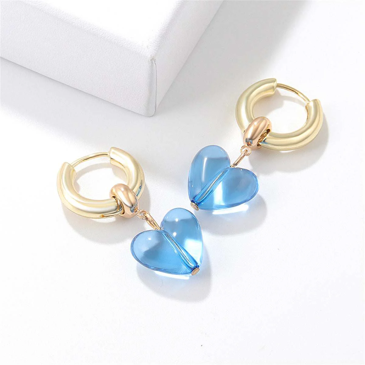 Relaxed Blue Crystal Goldtone Heart Huggie Earrings Comfortable