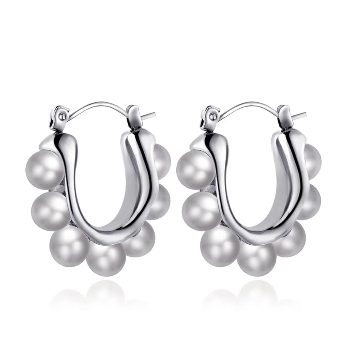 Environmentally Friendly Pearl Silvertone U-Shaped Huggie Earrings Reliable