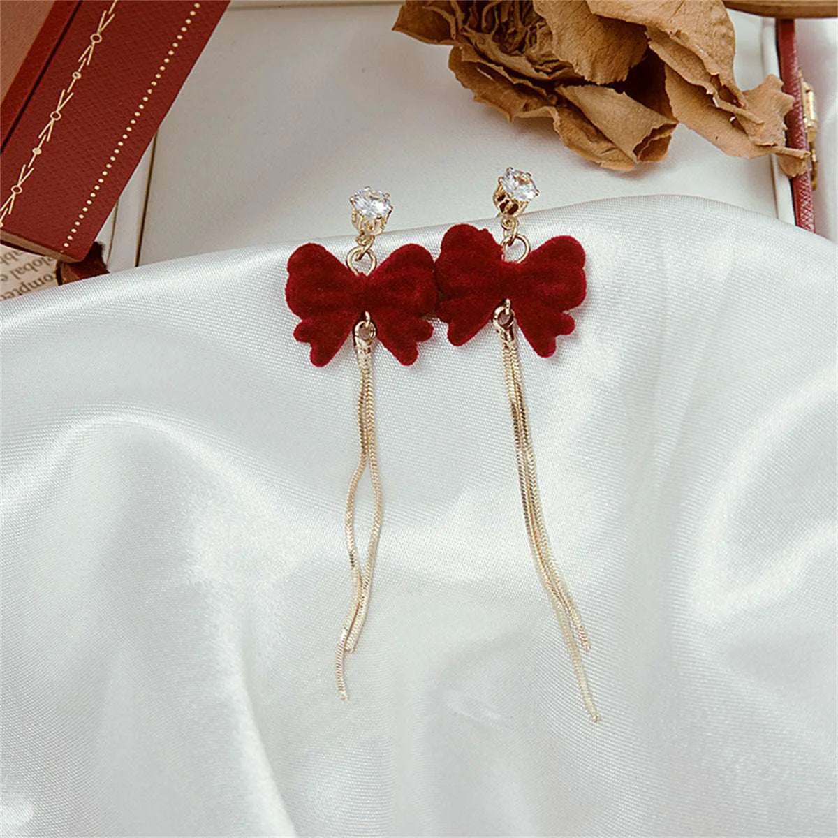 Effective Red Nylon Cubic Zirconia Goldtone Bow Chain Drop Earrings Reliable
